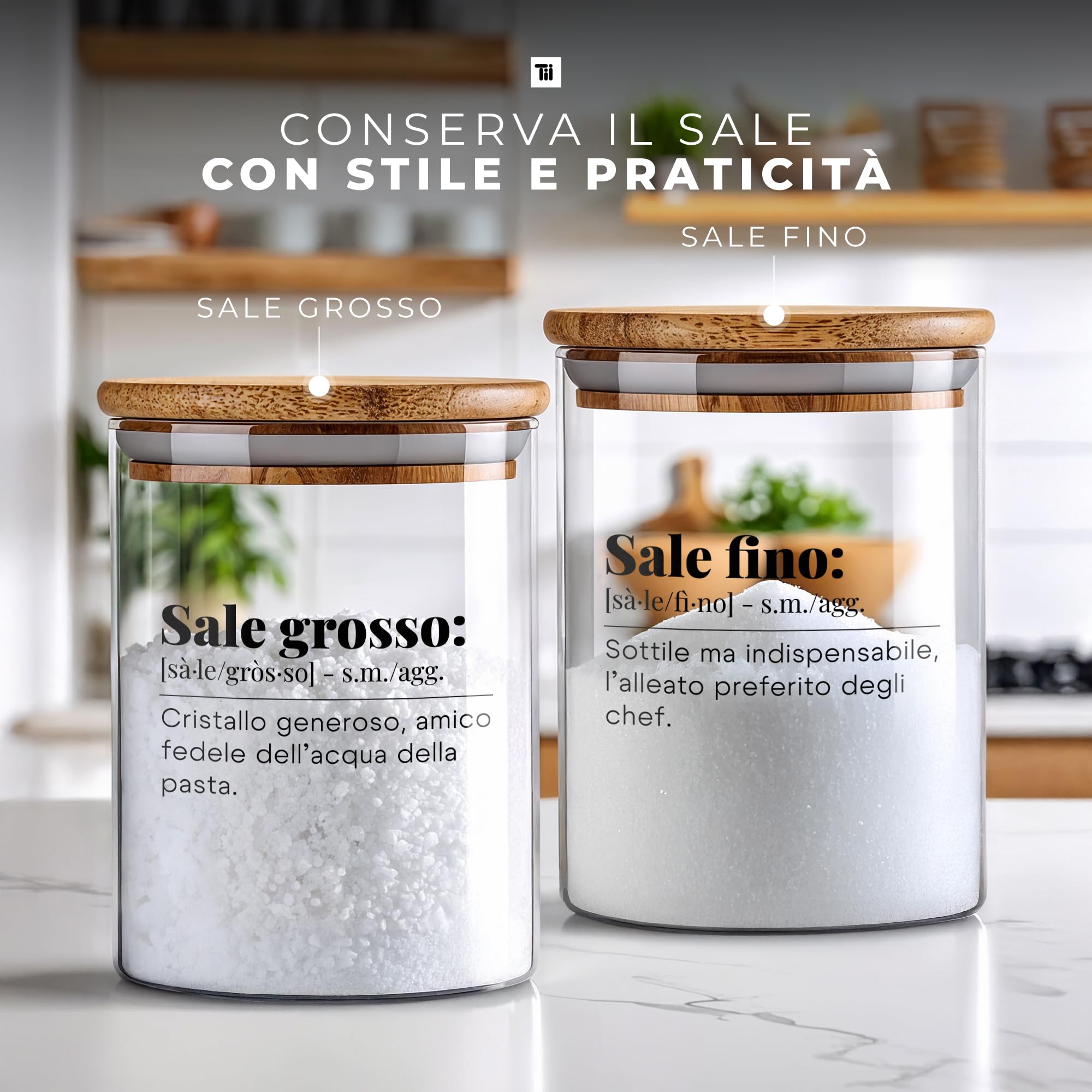 TUNDRA - Set 2 Barattoli Sale Fino e Grosso in Vetro Borosilicato con Chiusura Ermetica da 800ml - Porta Sale con Coperchio in Bambù, Contenitori Vetro Cucina Porta Spezie