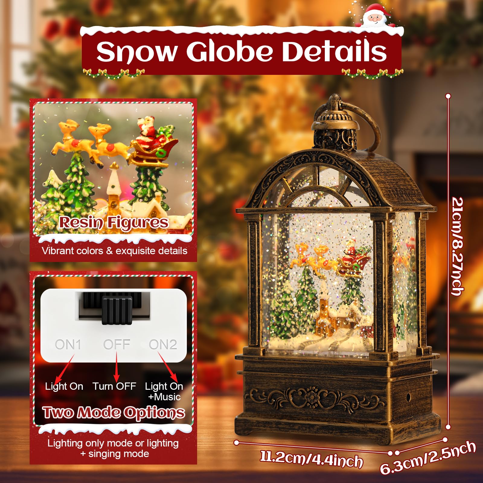 Snow Globe Christmas Lantern Decorations - 9.8”USB Plug-in & Battery Operated Music can be Turned Off，Portable Creative Water Glitters Lighted Music Christmas Snow Globe Lantern for Christmas Decor