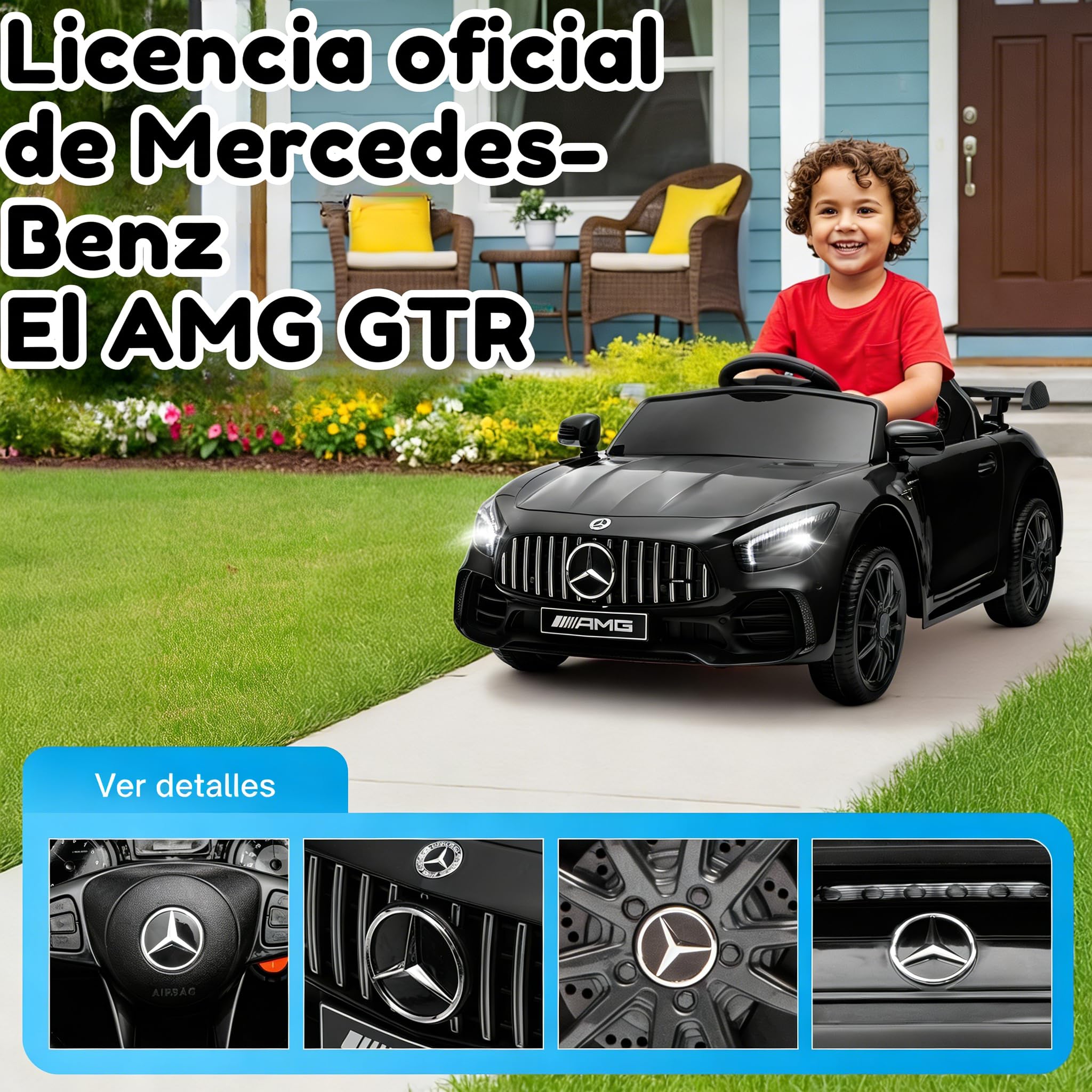 LALAHO Mercedes AMG GTR 12V Coche Eléctrico para Niños Doble Motor Control Remoto MP3 Negro