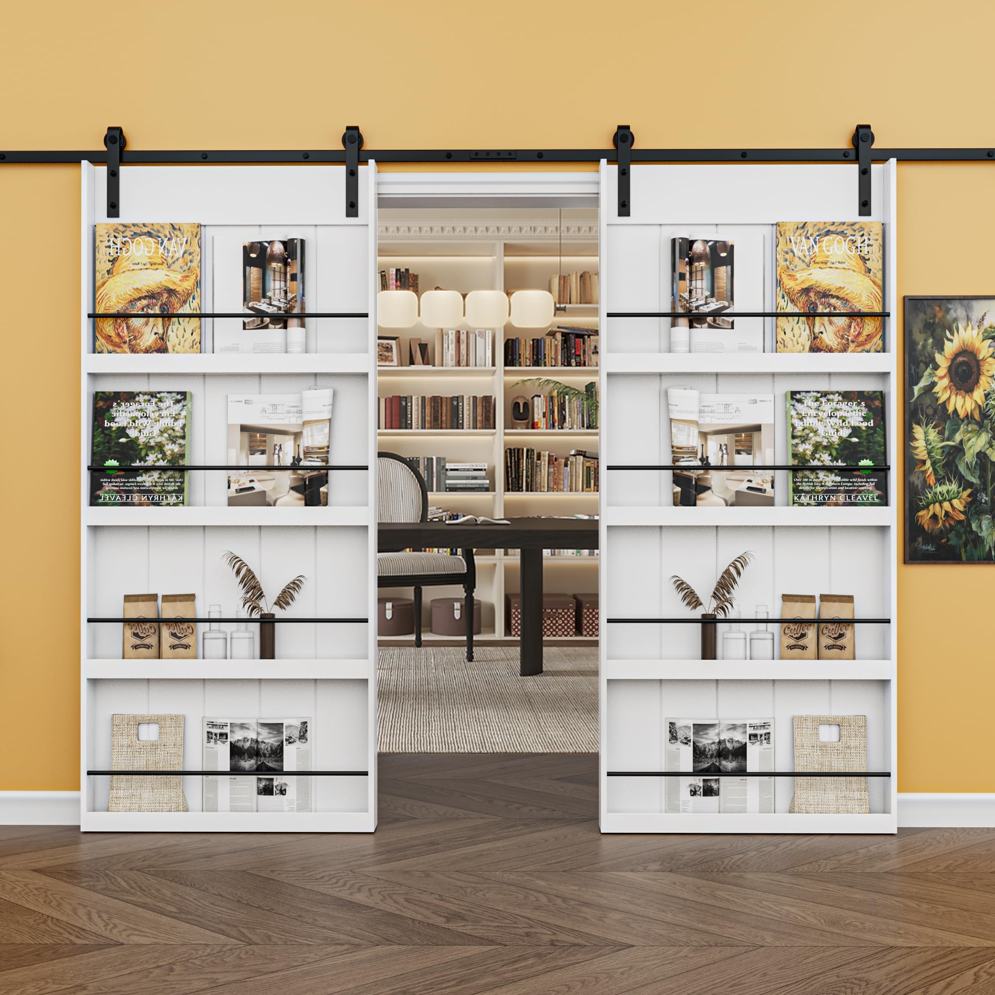 72in x 84in Rustic 8-Shelf Storage Barn Door Room Divider and 13.2FT Hardware Kit, Paintable White MDF Wood Sliding Barn Door with Soft Close, Smooth Operation and Silent Sliding, Easy to Install