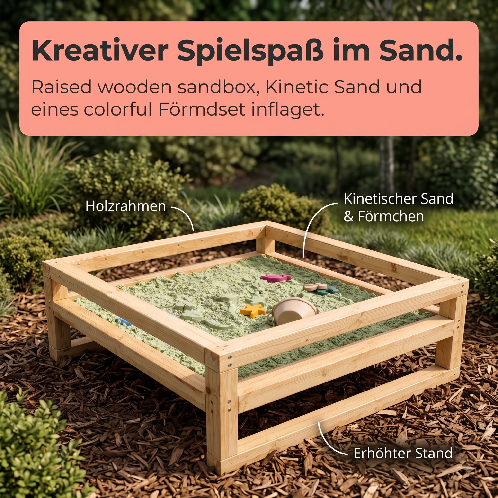 Modulaki Outdoor Matschküche für Kinder – Kinderküche aus Holz mit Spüle, Herdplatten & Stauraum, inkl. Kochgeschirr, Utensilien & Kinetischem Sand, Gartenküche für draußen