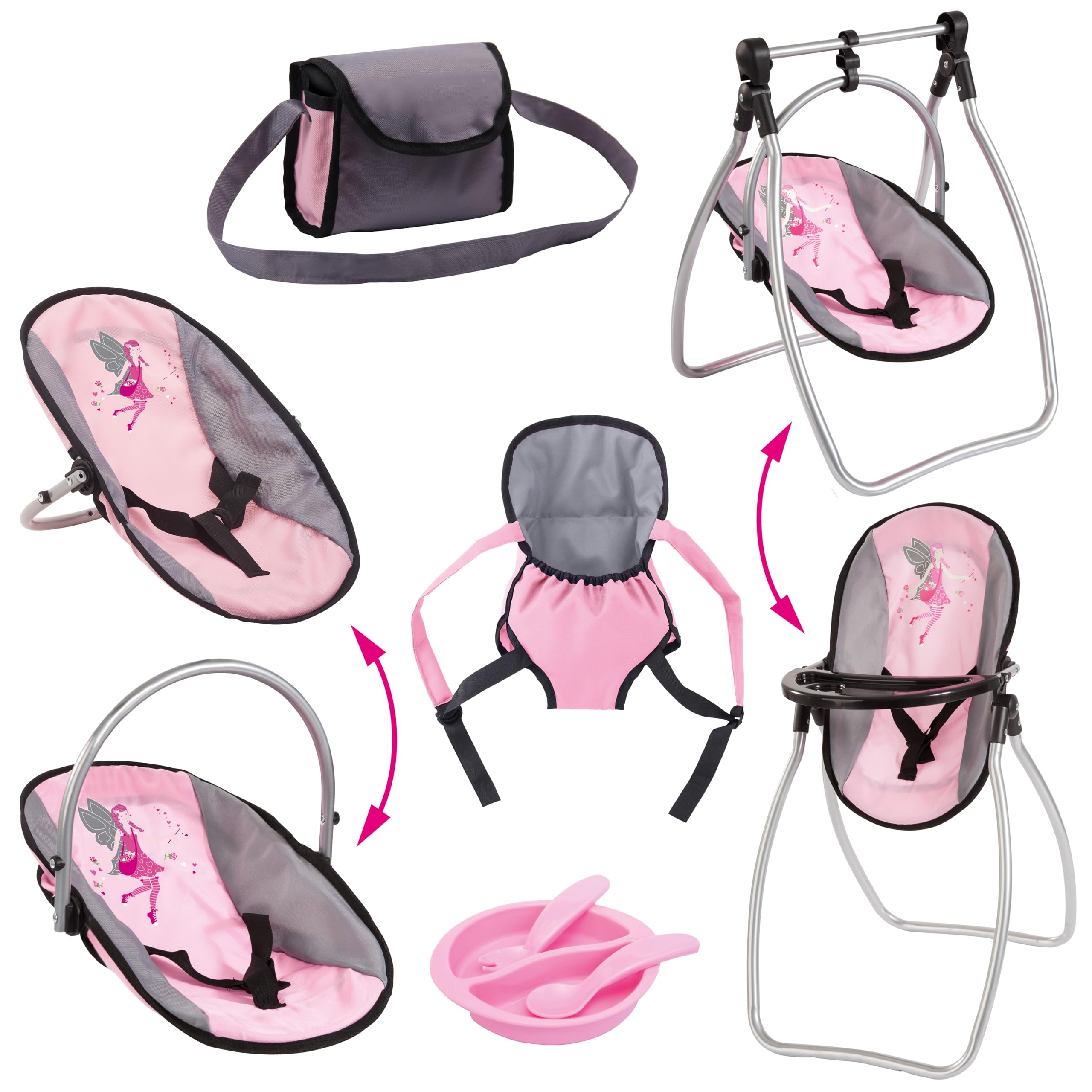 Bayer Design - 63608AB, Puppenzubehör, Puppenhochstuhl, Puppentrage, Puppenwiege, mit Tasche, grau, rosa