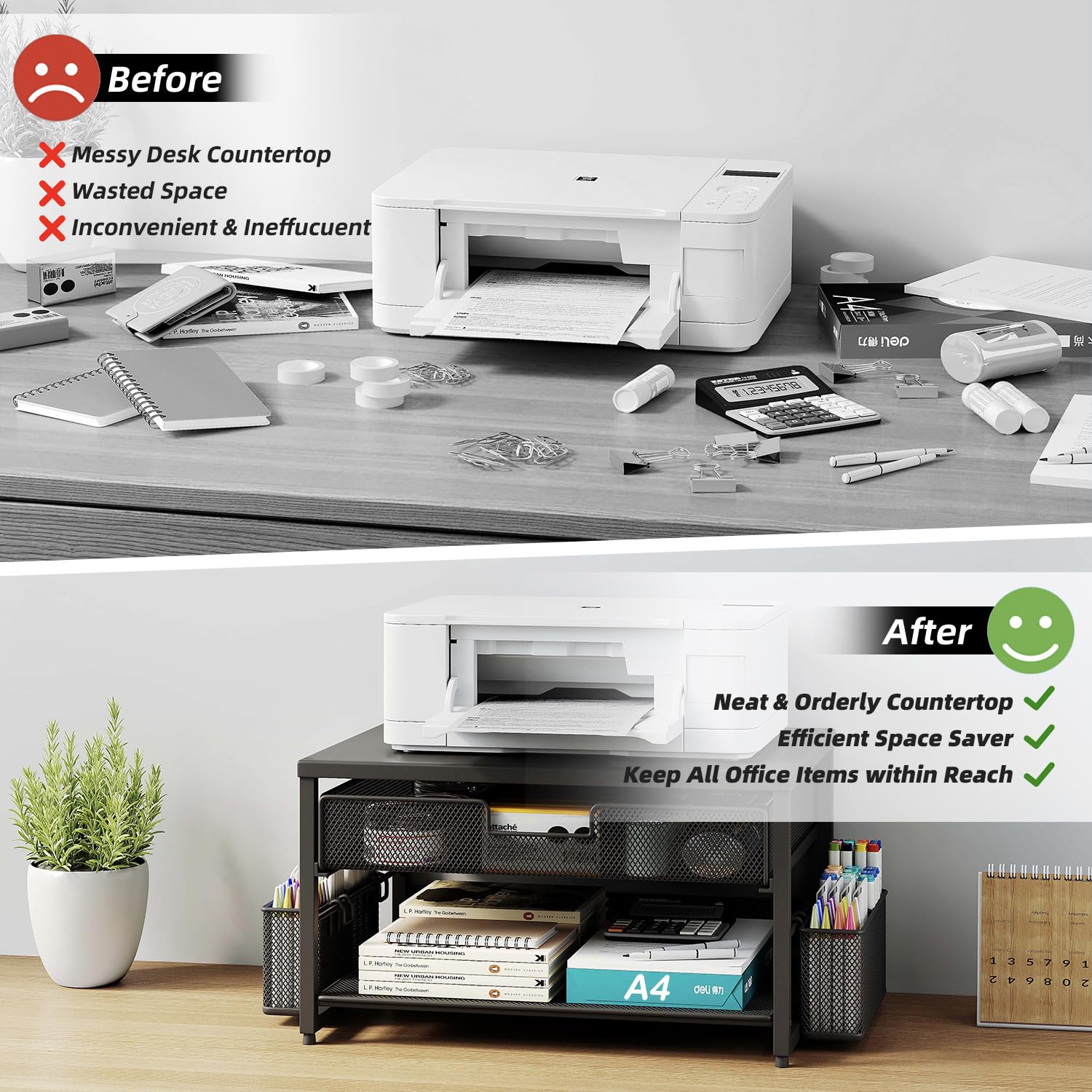 Supporto da scrivania in metallo per stampante con cassetto portaoggetti e 2 portapenne, 2 ripiani per stampante desktop con porta carta, organizer multiuso da scrivania da ufficio, nero