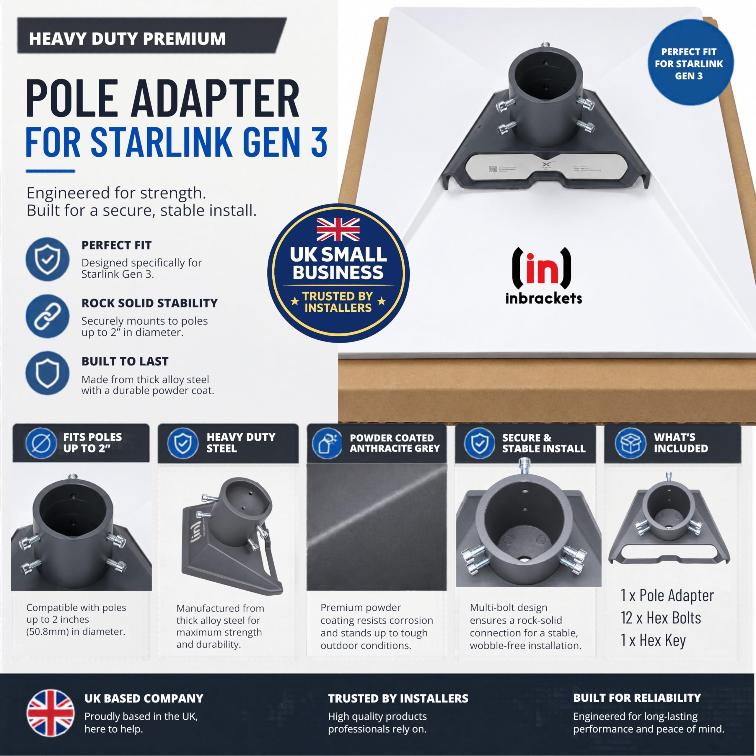 Inbrackets Adaptateur de mât Gen 3 robuste pour parabole Starlink Generation 3 - Convient aux poteaux jusqu'à 5,1 cm - Gris anthracite - Compatible avec les modèles standard Gen 3/4/4X