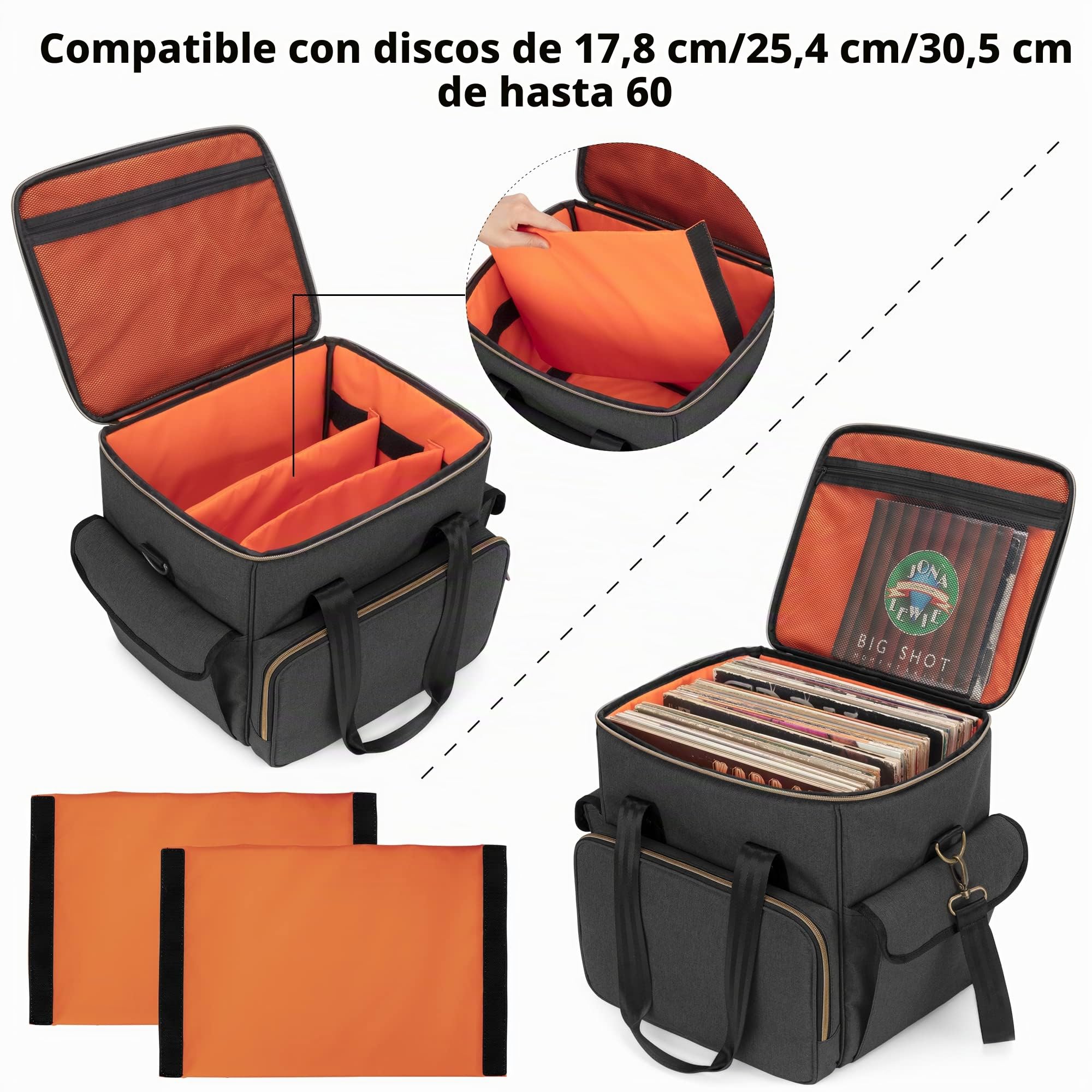 Trunab Bolsa de Discos de Vinilo Nailon Impermeable Ligero Robusto Gran Capacidad Compatible con 60 Discos, Bolsa Mejorada Ideal para Llevar su Disco de Vinilo LP con Correa para el Hombro y Asa