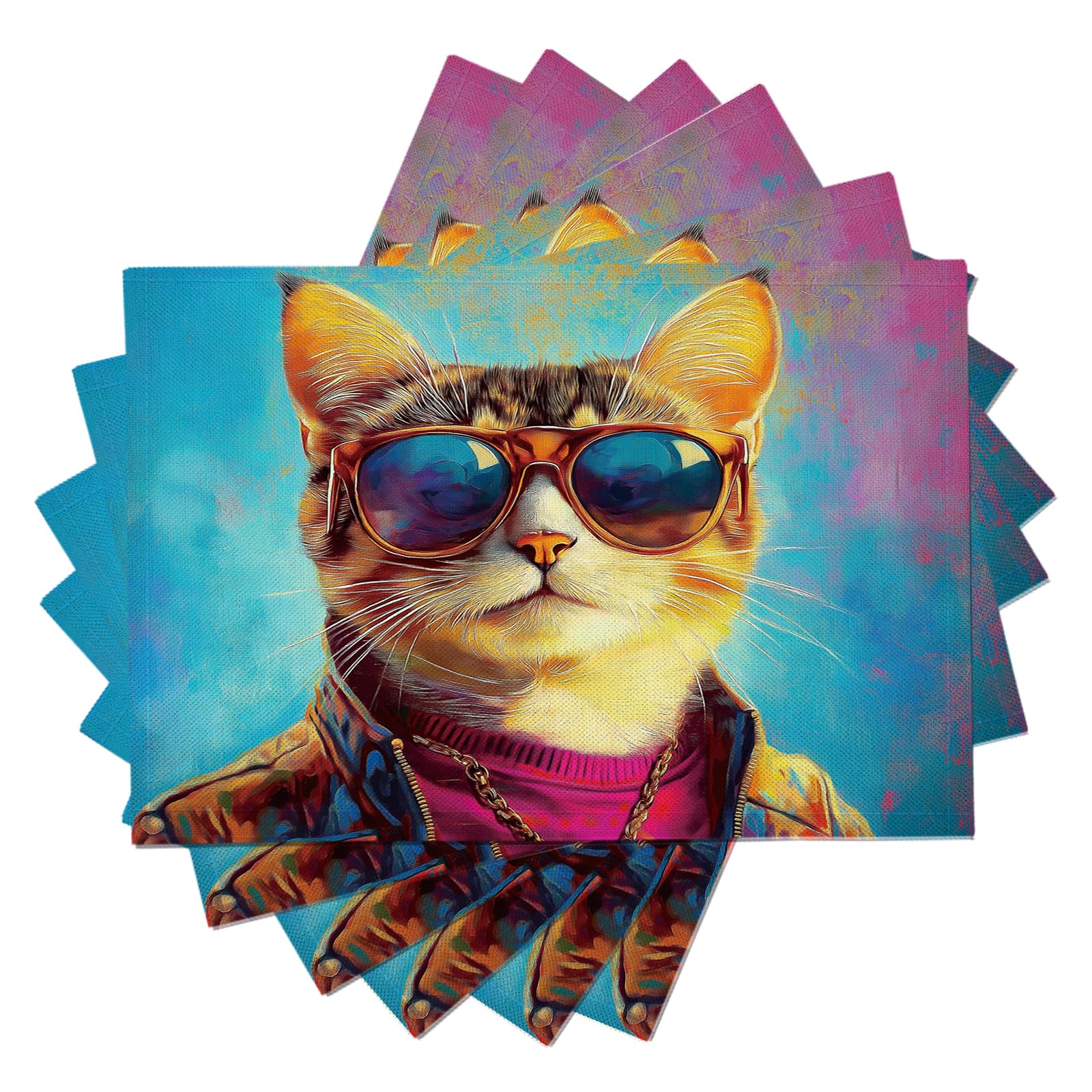 Set de Table Animaux de Dessin animé Lavable - Lot 8 Sets de Table Tissu Coton et Lin 45×30cm Lavable en Machine - Beau Chat Napperon Rectangulaire Exterieur Interieur