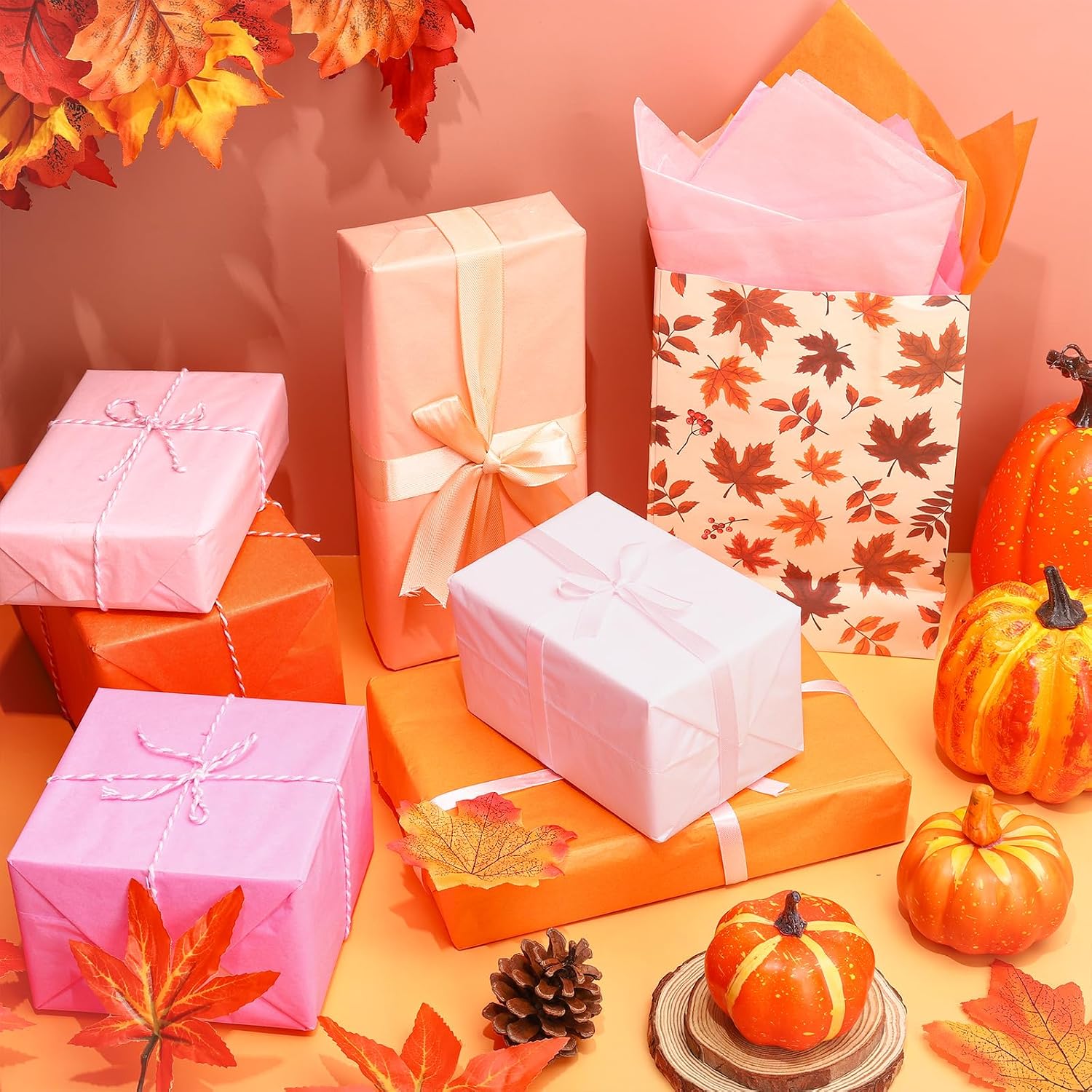 JarThenaAMCS 120 Sheets Fall Tissue Papers Pink Orange Decorative Art Gift Wrapping Paper for Autumn Thanksgiving Baby Shower Birthday Party DIY Crafts, 14 x 20 Inch