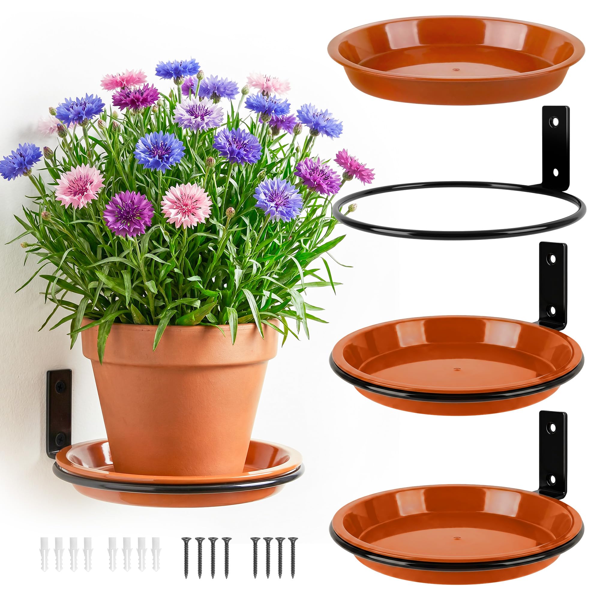 UNIFAMILY Wall Plant Holder Metal, 3 Pack Flower Pot Holder Ring Plant Stand for Wall Mount with Plant Trays, Wall Mounted Planter Pot Holder Plant Hanging Bracket for Home or Garden