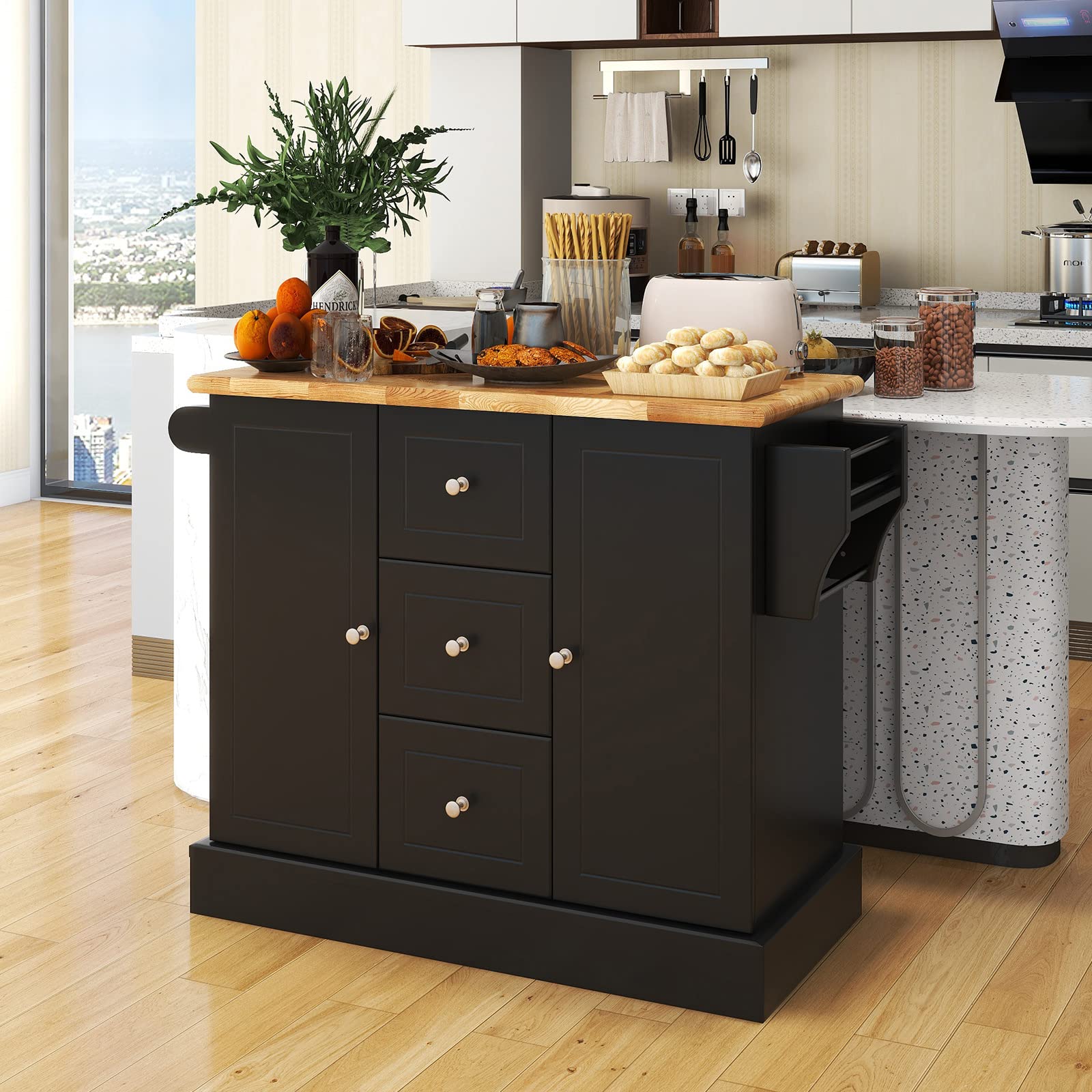 KOMFOTTEU Carrello da Cucina in Legno di Quercia con 2 Armadi e 3 Cassetti, Credenza con 5 Rotelle e Cerniere in Metallo, Isola da Cucina per Soggiorno e Sala da Pranzo (Nero)