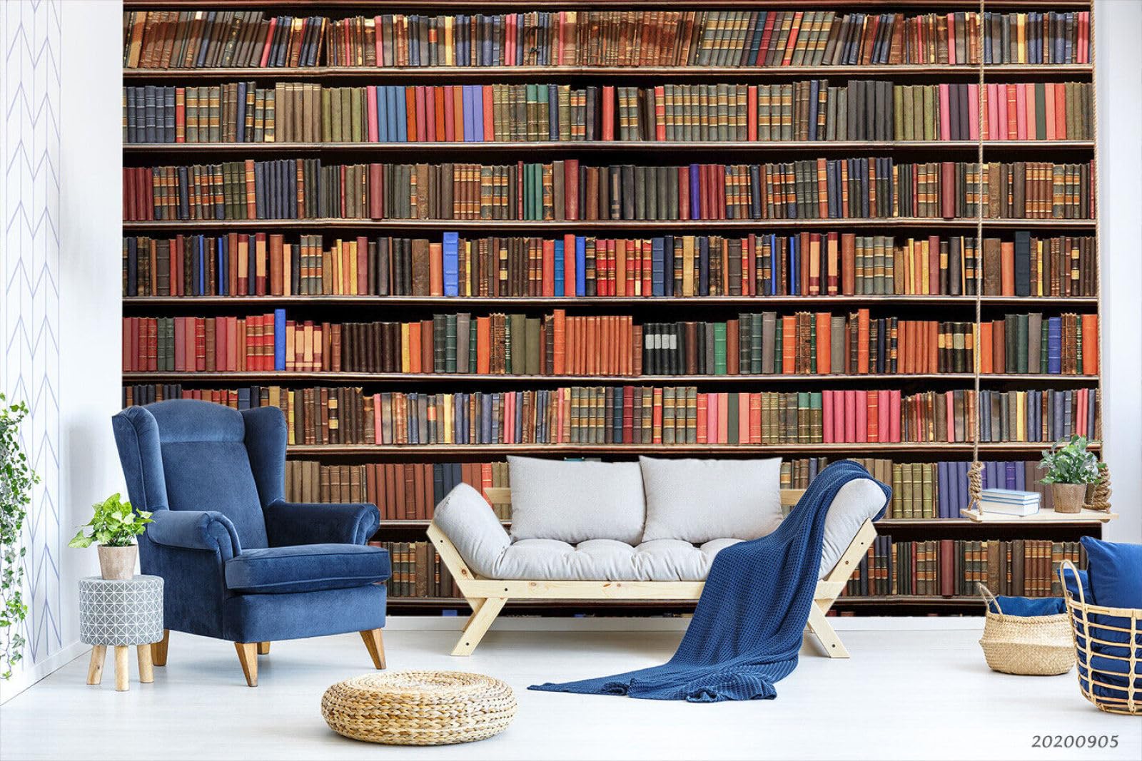 Papier peint 3D bibliothèque pour habiller un mur vide sans percer