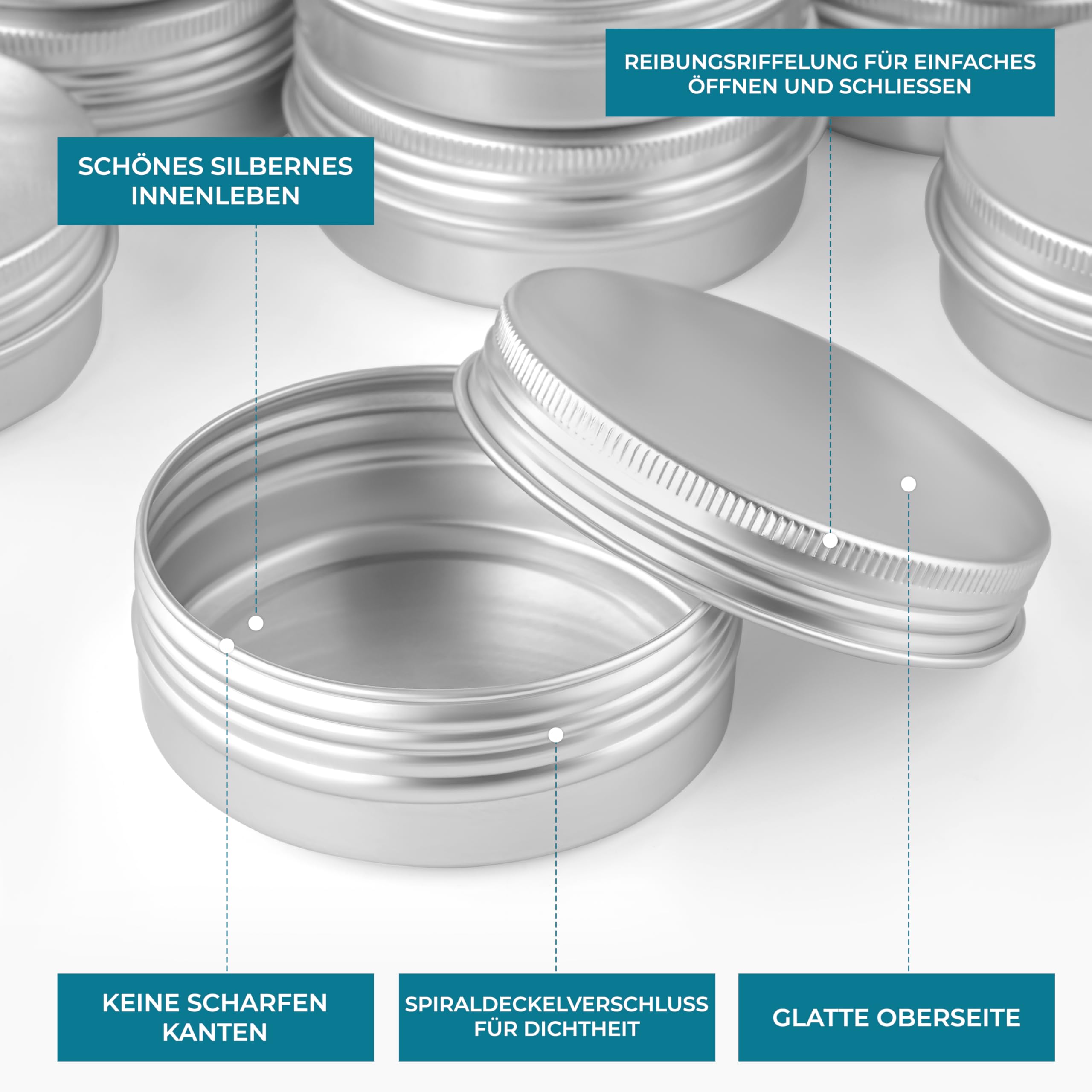 Winter Shore Aluminium-Blechdose Rund mit Deckel (48er-Pack) - Leere Cremedosen zum Befüllen - Kleine Dosen für Creme & Lotion - Kleine Metalldose - Mini Dosen mit Deckel - Creme Dose für Reisen