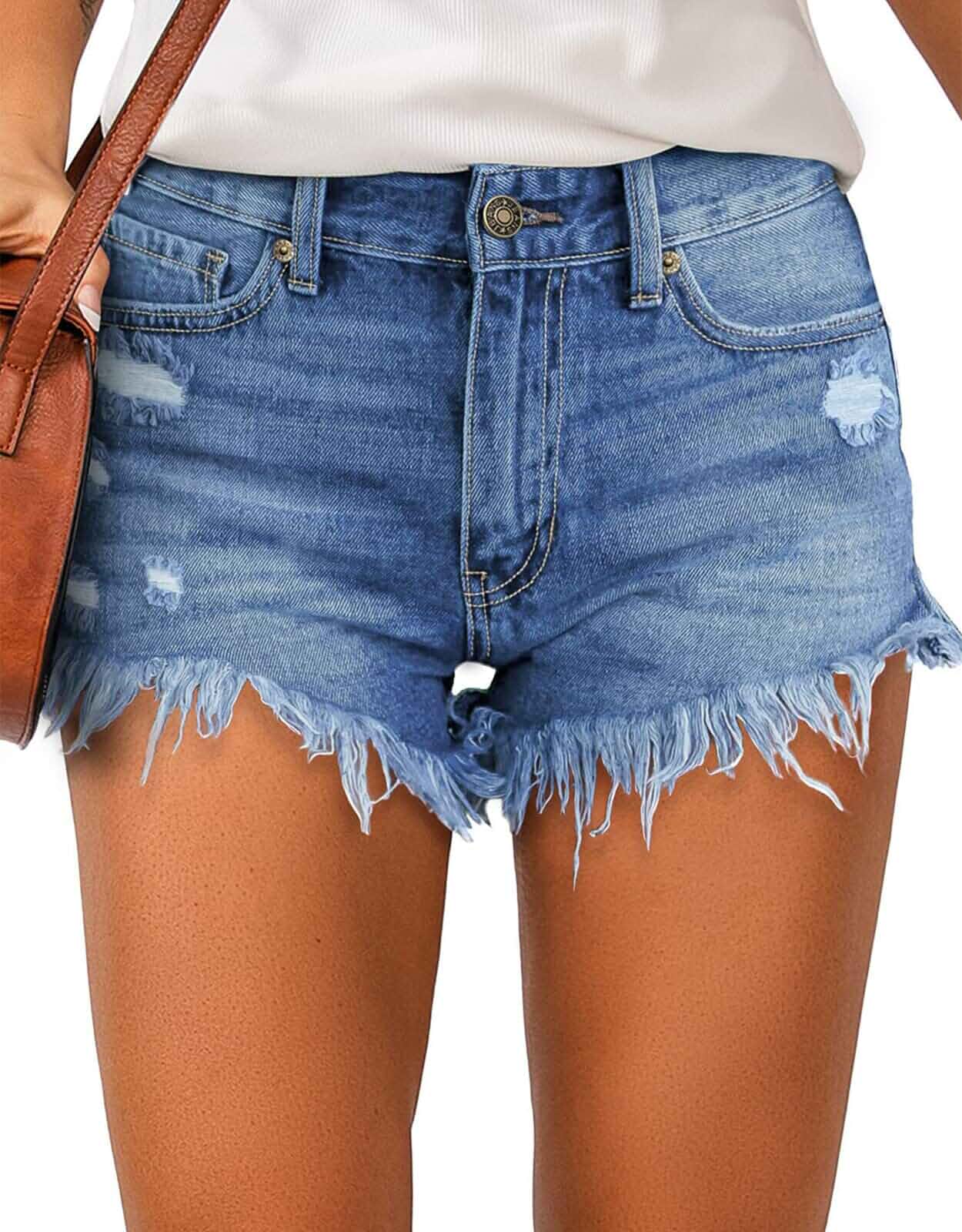 Metietila Women's Casual High Waisted Denim Shorts Frayed Raw Hem Stretch Ripped Jean Shorts