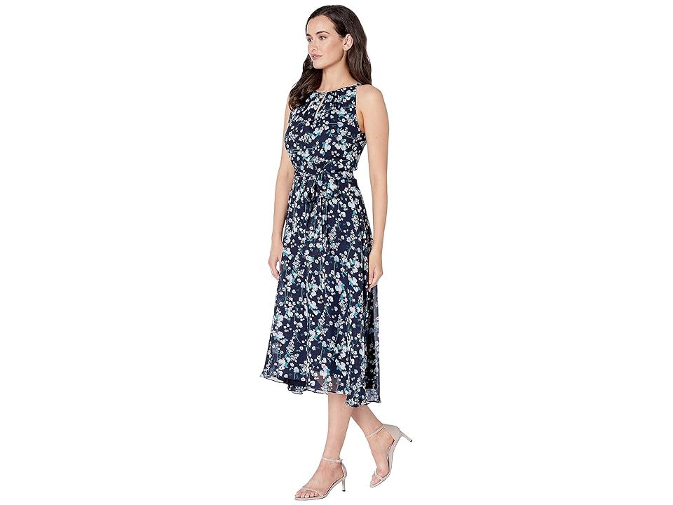 

Tahari by ASL Sleeveless Printed Chiffon Mini Floral Halter Dress with High-Low Hemline (Floral Spray Navy) Women's Dress, Black