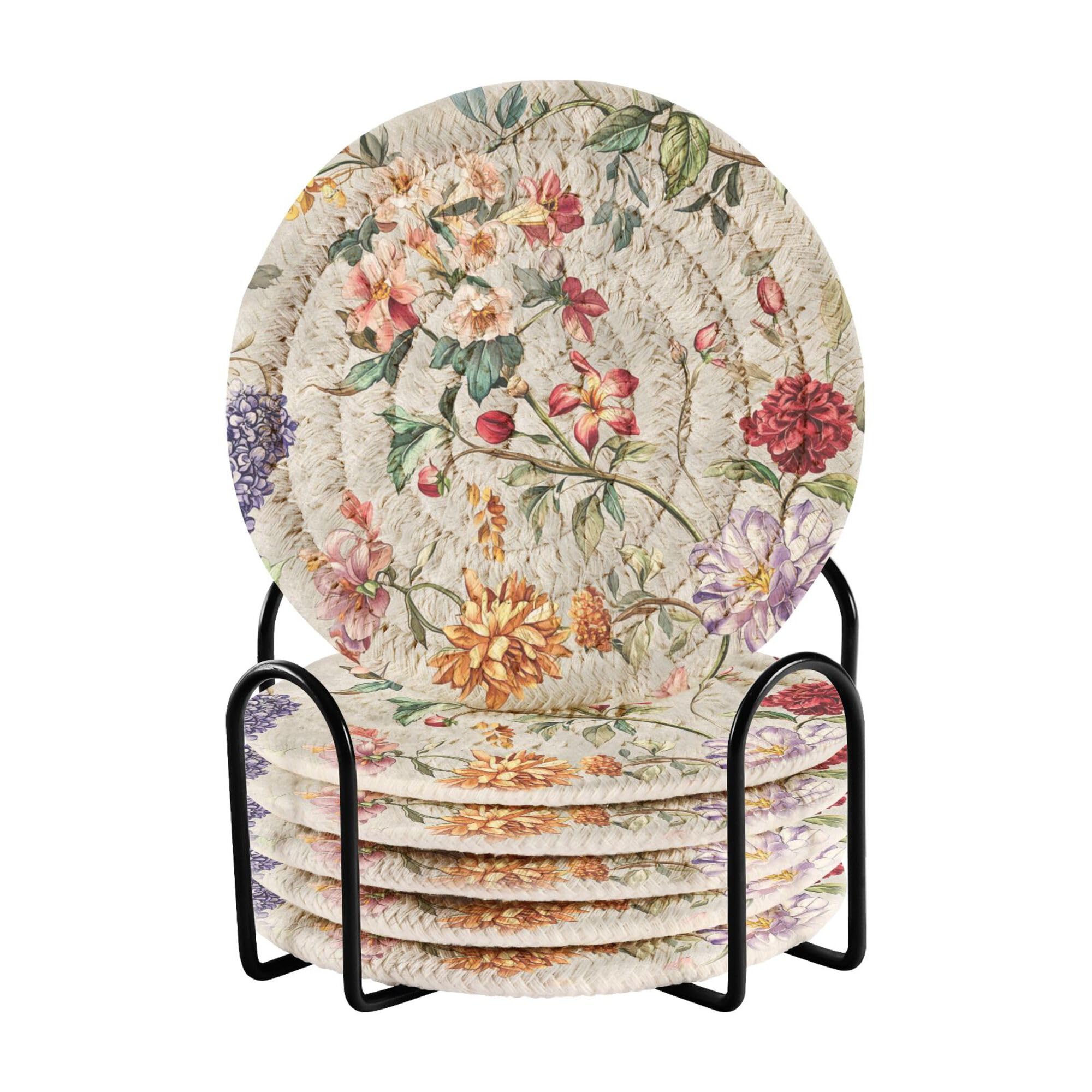 Florals Hyacinths Dahlia Gray Cotton Rope Drink Coasters Set of 6 with Holder Coasters
