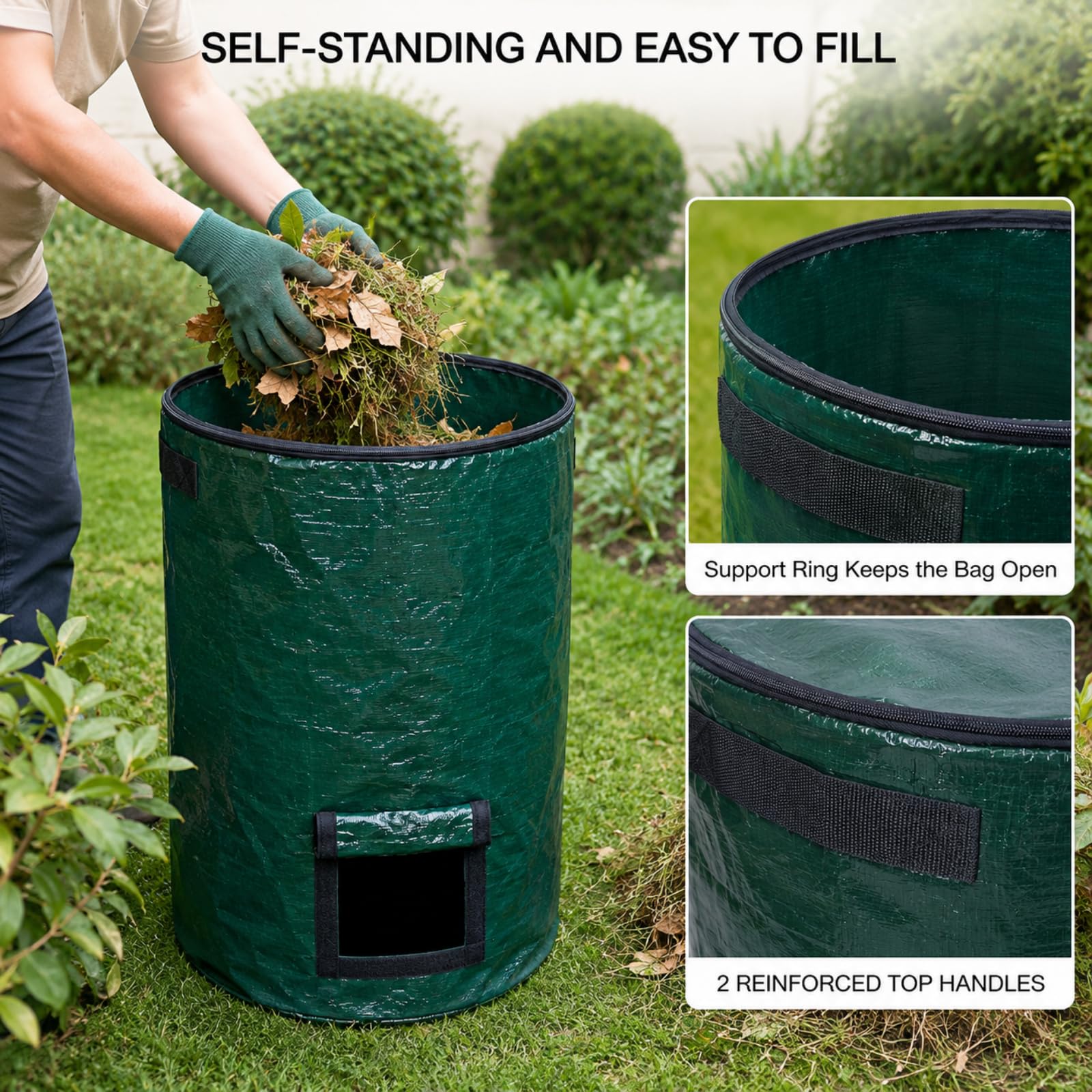 3 x 127 L Bolsas para Residuos de Jardín con Asas y Tapa | Stabile Gartensäcke und Laubsäcke, selbststehend und wiederverwendbar, mit verstärkten Griffen und Bodenöffnung