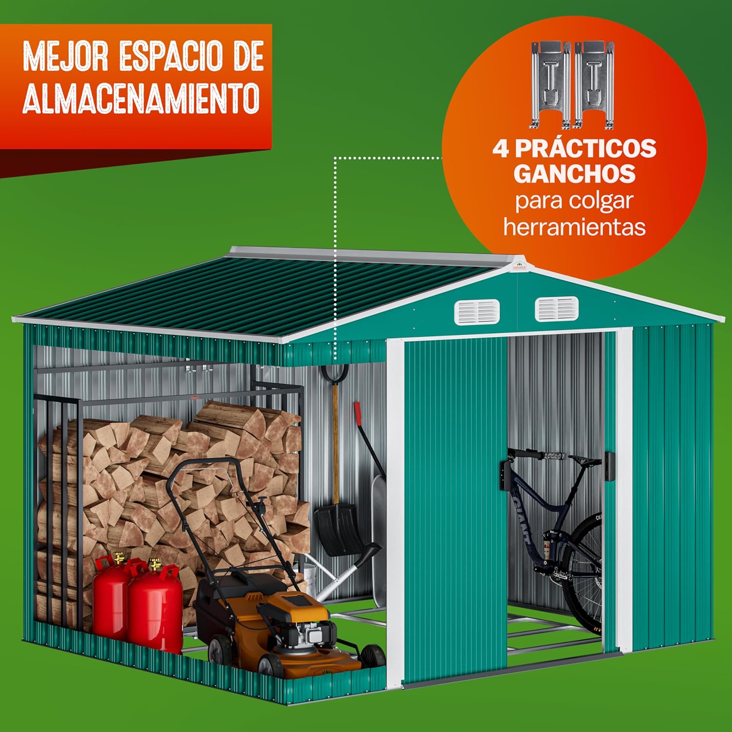 Deuba Cobertor de jardim 8,4 m³, verde 257 x 205 x 177,5 cm, casota de ferramentas 5 m² com porta de correr e janelas