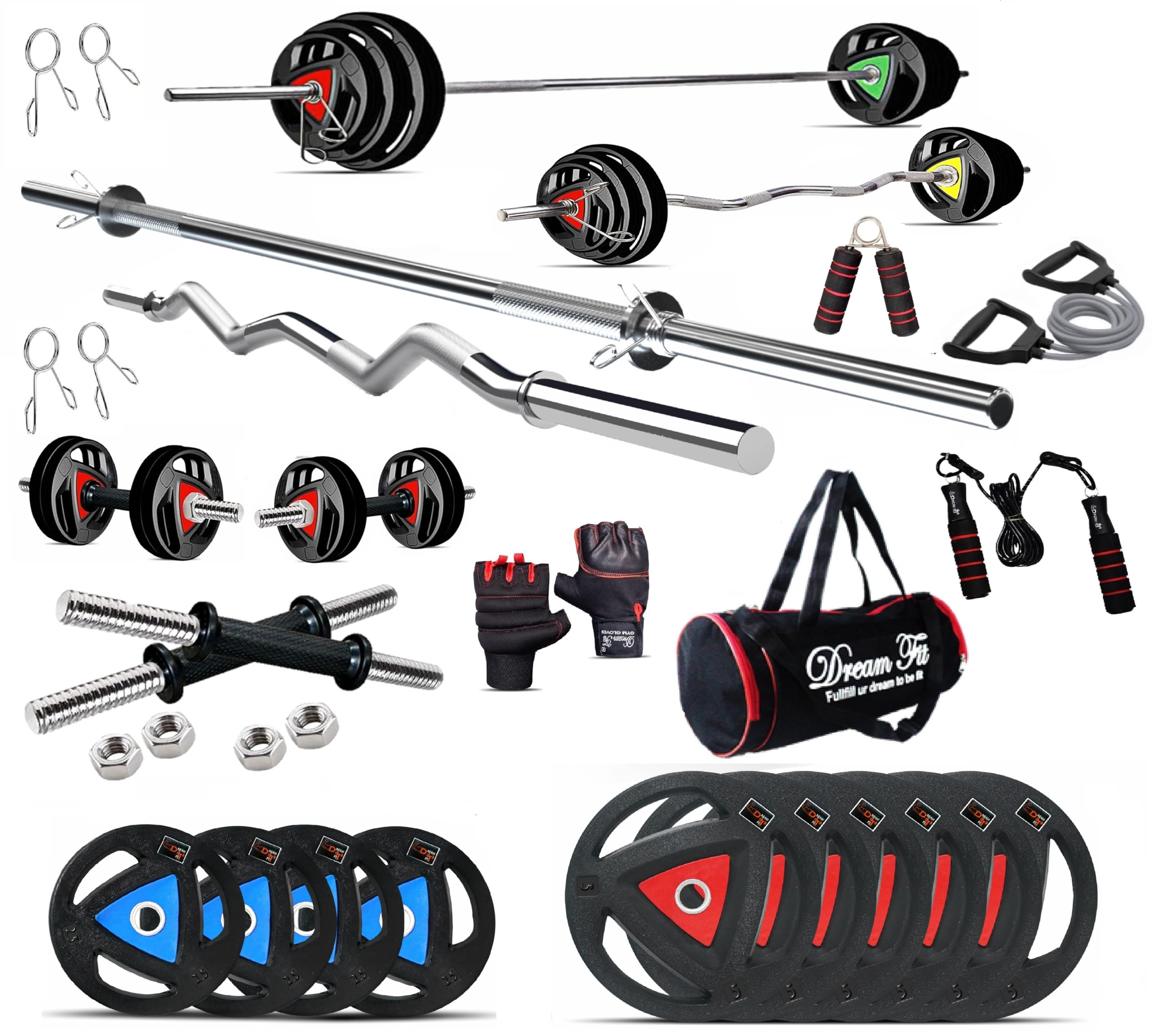 DREAM FIT Professional Metal Integrated Rubber Coated Plates Combo - 40Kg Home Gym Set with 23mm 3 ft curl Rod, 23mm 5 ft Straight Rod, 1 Pair Dumbbell rods with hex Nuts and Gym Accessories (40Kg)-image-17