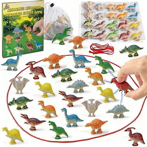 Miniatura 1 de Dinochez - Juego de ajedrez magnético de dinosaurio, 20 piezas de juguetes de dinosaurio con cuerda y bolsa de almacenamiento portátil, juego de