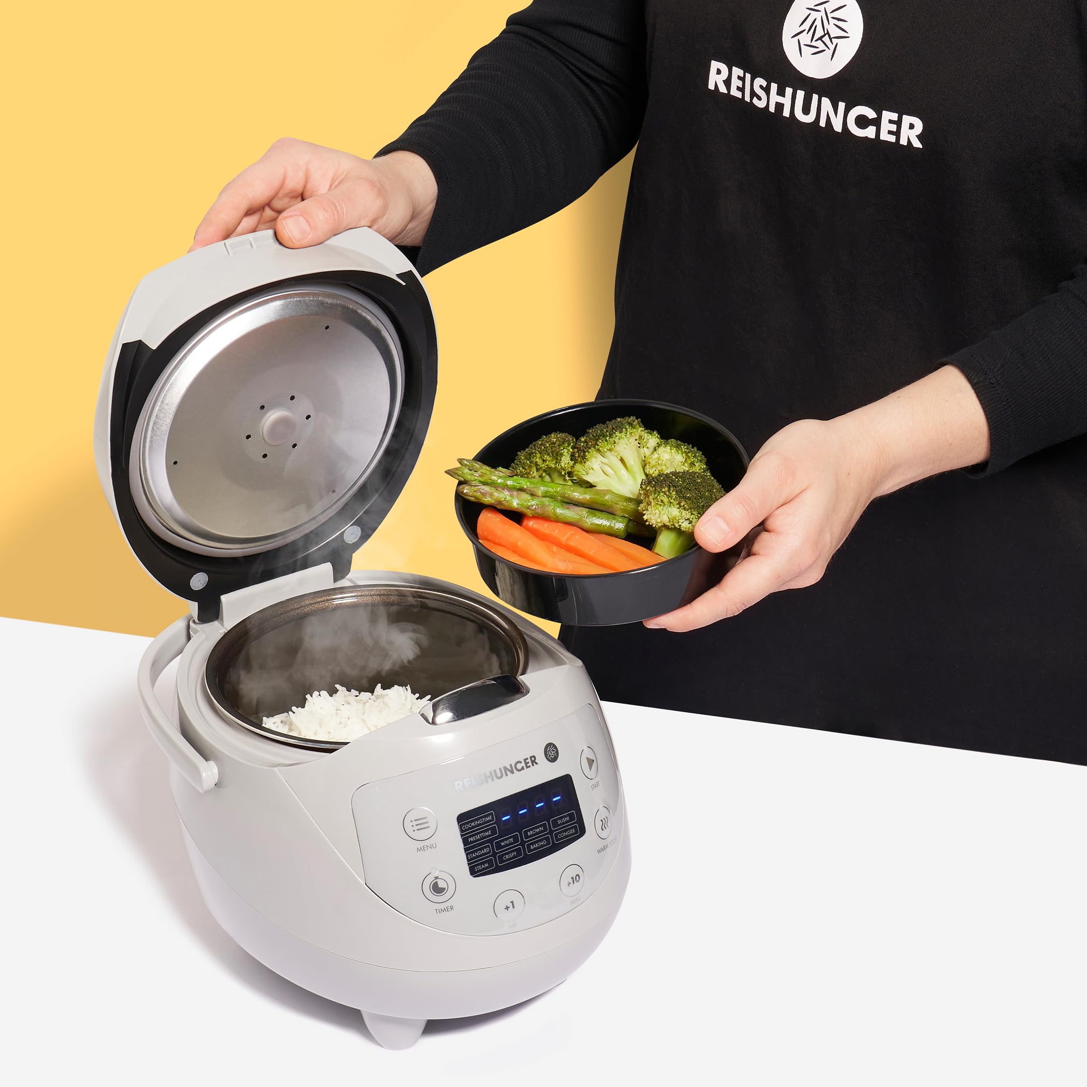 Reishunger Mini Cuociriso Digitale - Vaporiera Multifunzione Grigio Fino a 3 Persone con 8 Programmi, Tecnologia a 7 Fasi, 0.6L - Con Display LED e Funzione di Mantenimento del Caldo