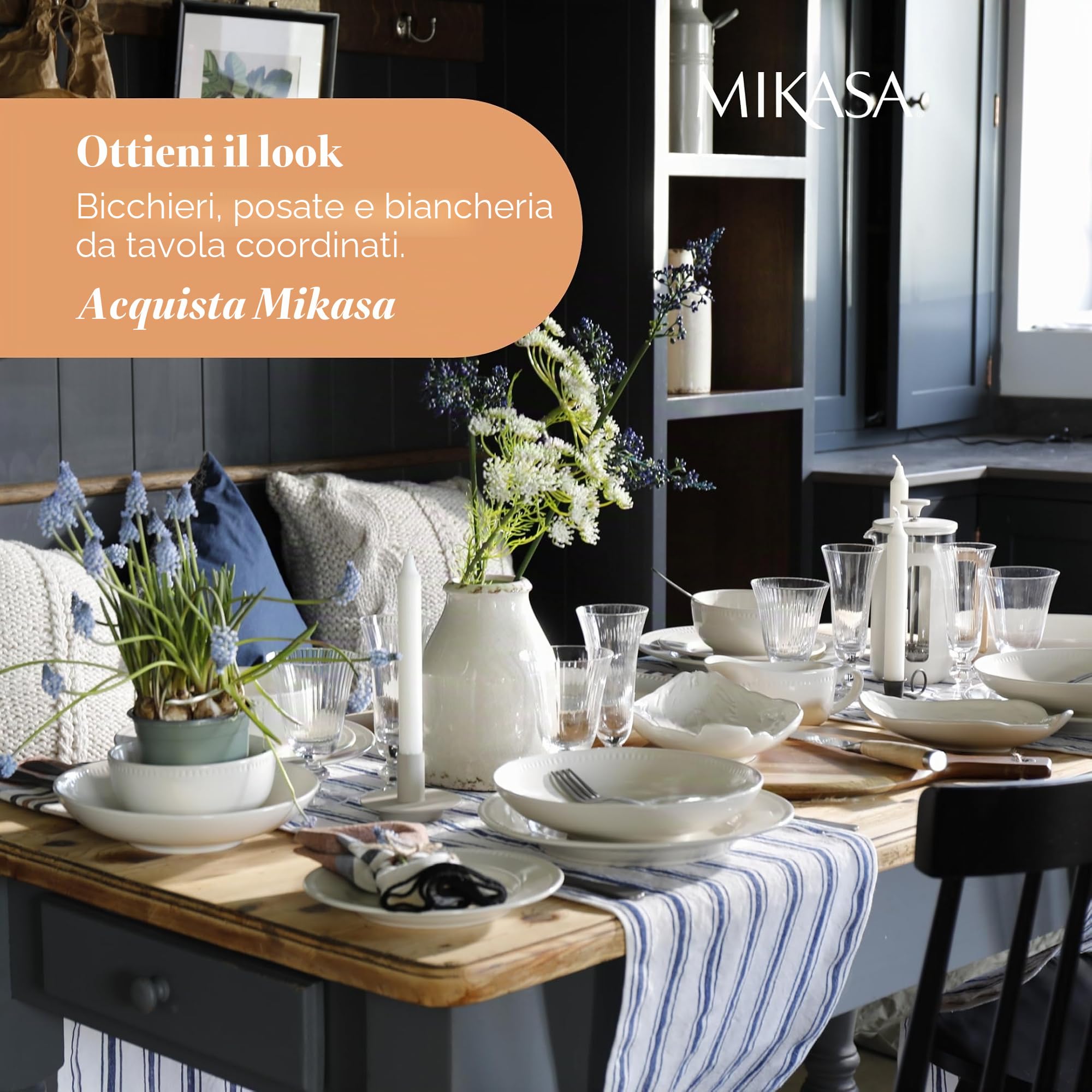 Mikasa Cranborne Set di piatti 12 pz in gres, crema, confezione regalo per 4 persone con piatti piani, piatti piccoli e ciotole per cereali - Lavabile in lavastoviglie e nel microonde
