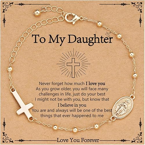 Catholic Virgin Mary Cross Bracelet Gifts for Girls Teens Women, Rosary Beads Charm Link Chain Bracelet Christmas Christian Religious Jewelry Gifts