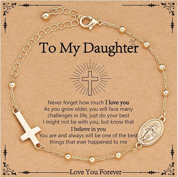 Catholic Virgin Mary Cross Bracelet Gifts for Girls Teens Women, Rosary Beads Charm Link Chain Bracelet Christmas Christian Religious Jewelry Gifts