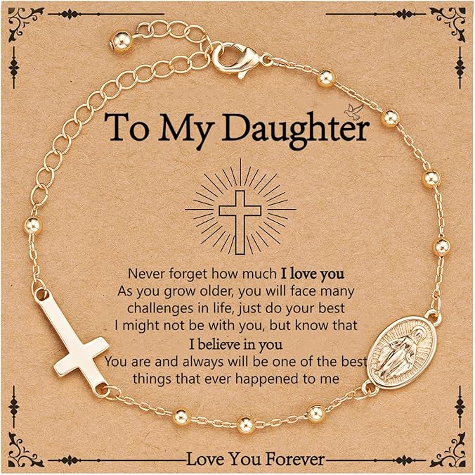 Catholic Virgin Mary Cross Bracelet Gifts for Girls Teens Women, Rosary Beads Charm Link Chain Bracelet Christmas Christian Religious Jewelry Gifts