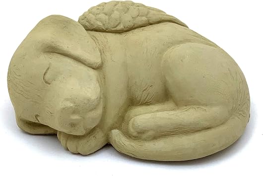Sleeping Dog with Wings Durable Solid Stone Pet Memorial Statue. Unique Home Decor, Garden Accent. Sealed for Outdoors. Handcrafted USA. Old Stone/tanish