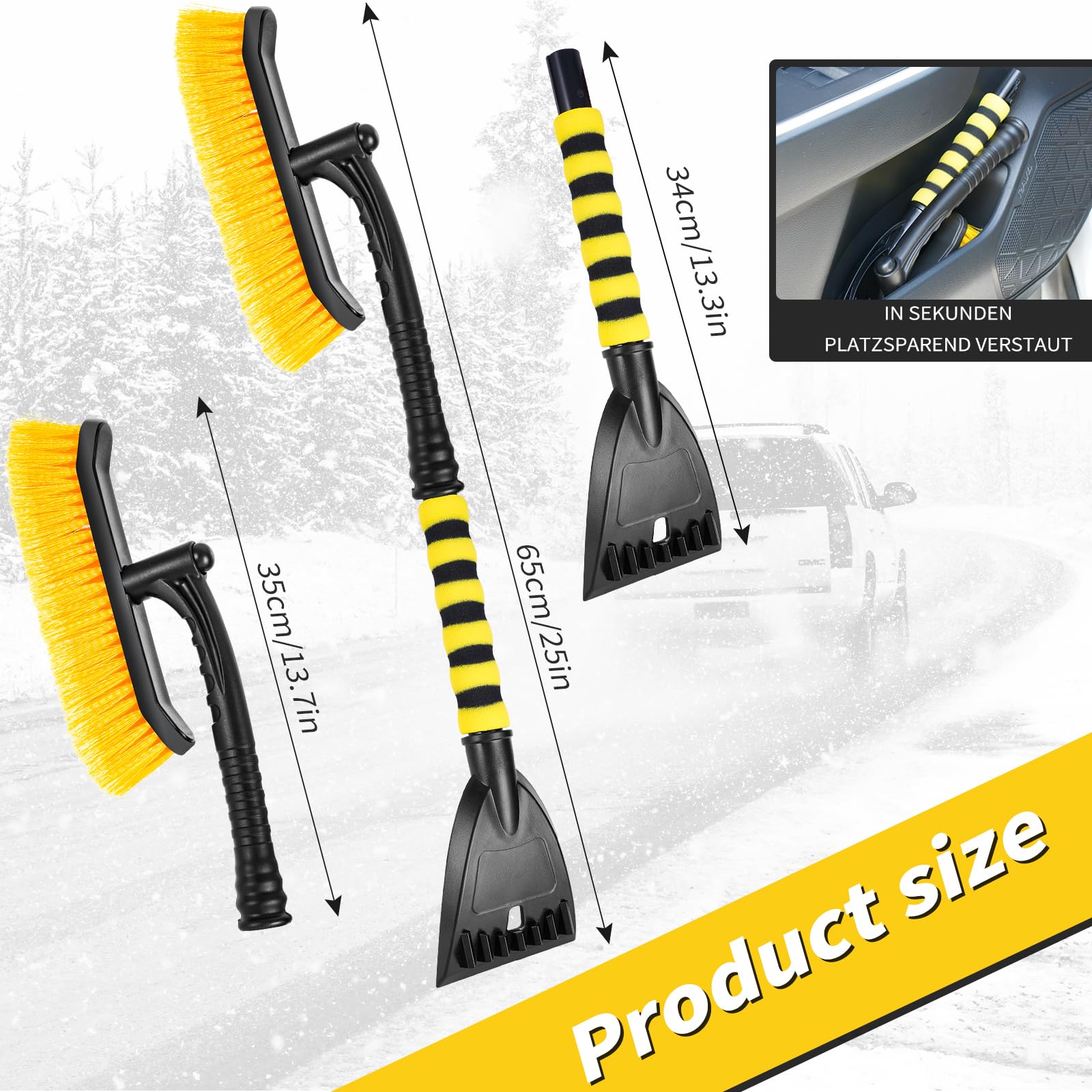 YIIFELL Rasqueta Hielo Coche Rascador Hielo Coche con Escoba (2 en 1), Fácil de Montar, Cepillo de Nieve con Rascador de Hielo para Invierno y Nieve, 67 cm, Rascador de Hielo para Coche