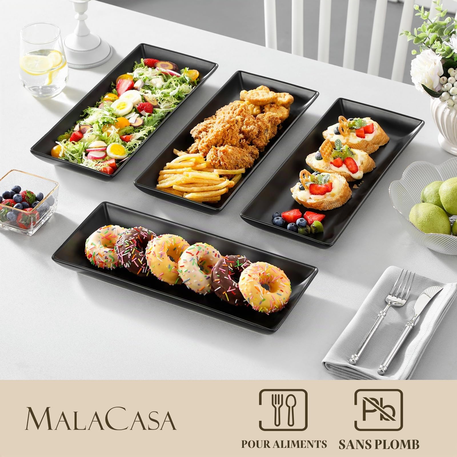 MALACASA 4 Pièces Assiette Plate Plat Hors-D'Oeuvre Dessert Rectangulaire en Porcelaine Service de Table, 14 x 6 inch/36 x 15.3cm, Noir