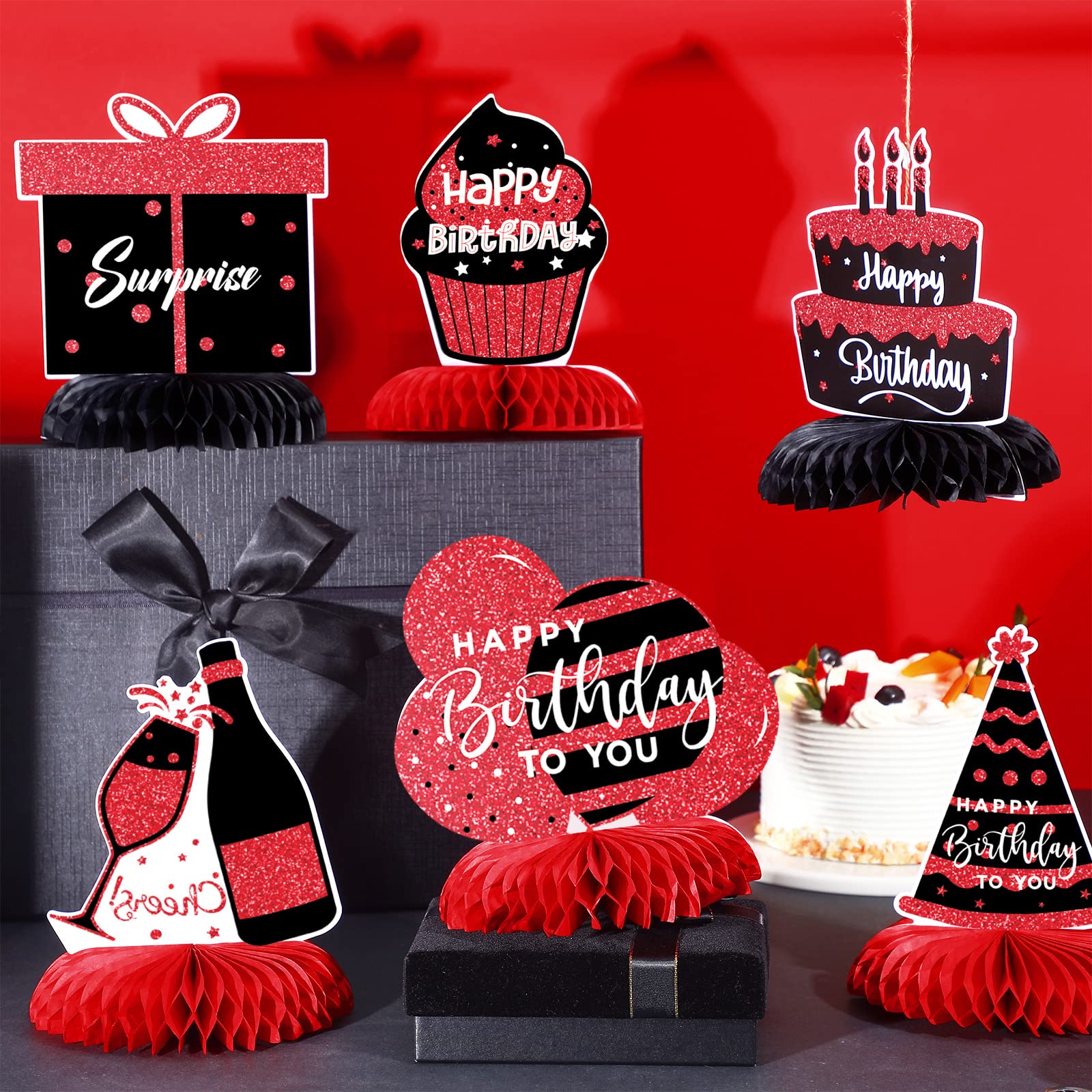 9-Piece Red And Black Birthday Honeycomb Centerpieces - Party Table Decorations