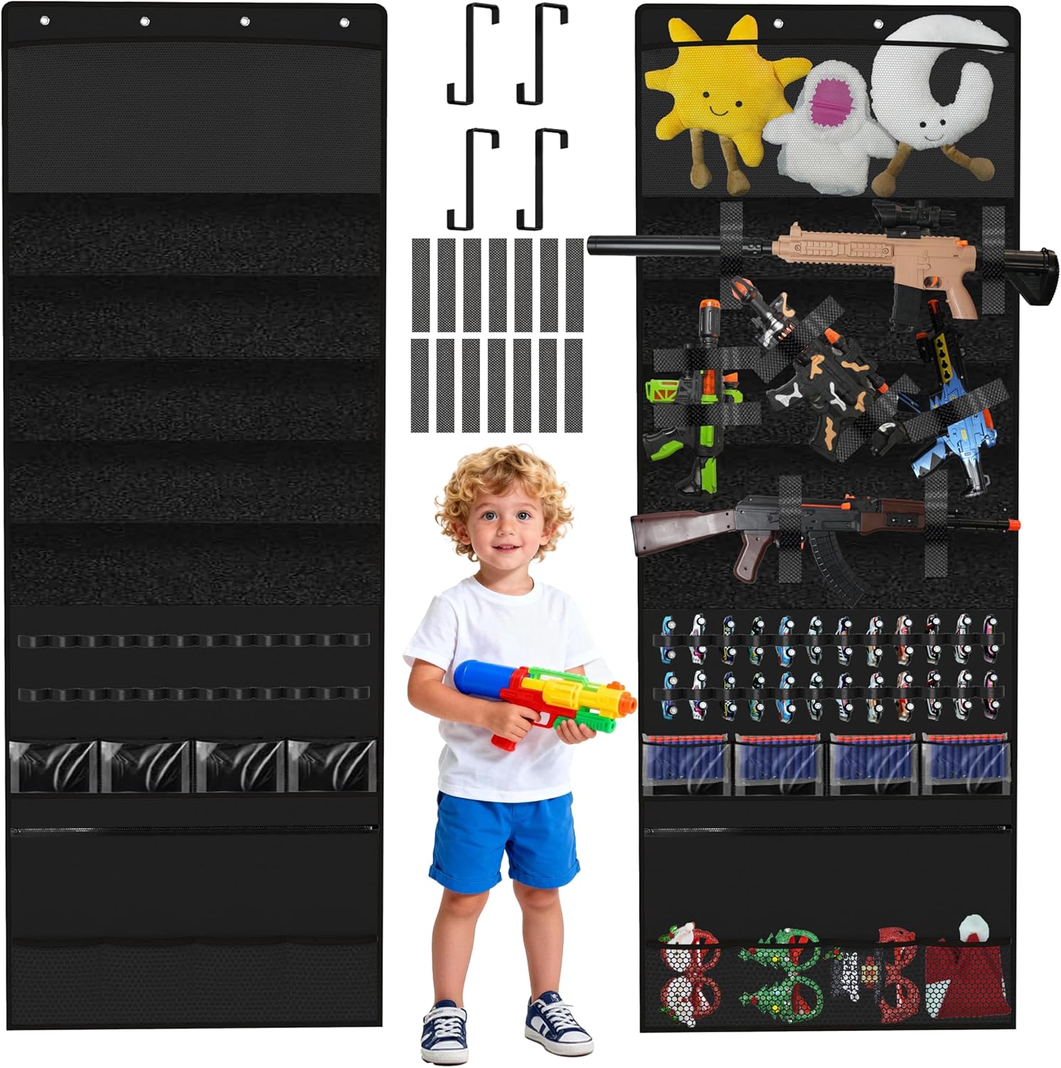 Over the Door Organizer for Toy Storage, 68.9"x25.6" Door Hanging with Hooks Slots Pockets and Felt Display Cabinet for Toy Guns, Toy Cars, Stuffed Animal, Home Living Space Saving Storage (Black)