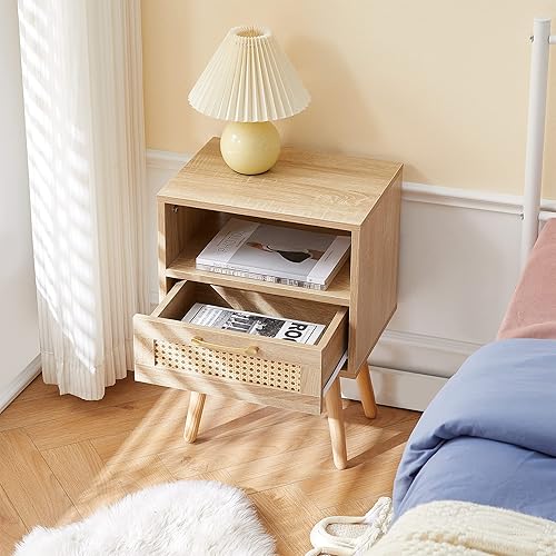 Miniatura 6 de YOUGUO Juego de 2 mesitas de noche, mesa auxiliar con cajón decorativo de ratán y patas de madera maciza, mesa decorativa de madera con