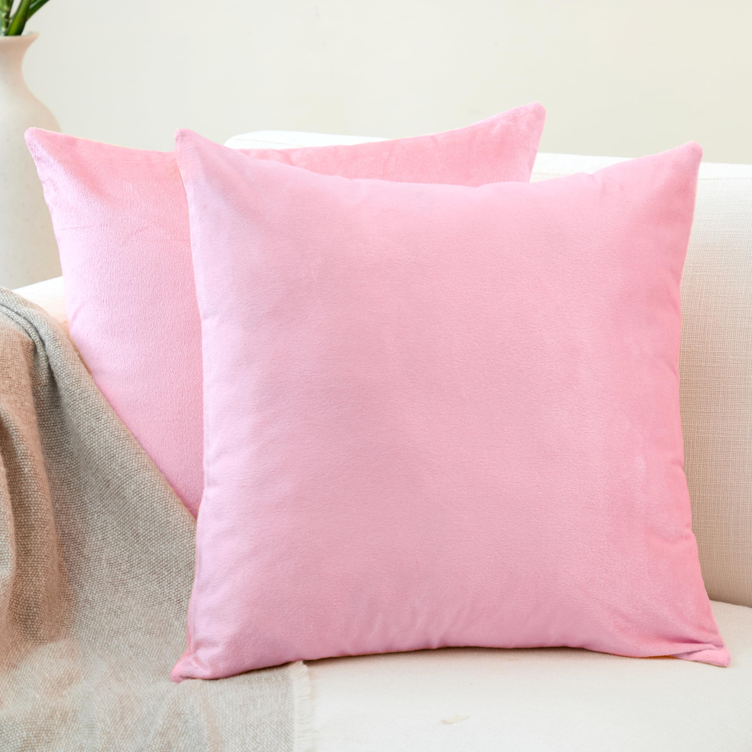 Encasa XO Velvet Cushion Covers (45x45 cm) Set of 02 | Light Pink | Luxurious Square Velvet Throw Pillow Covers With Invisible Zippers | Living Room, Sofa, Chair