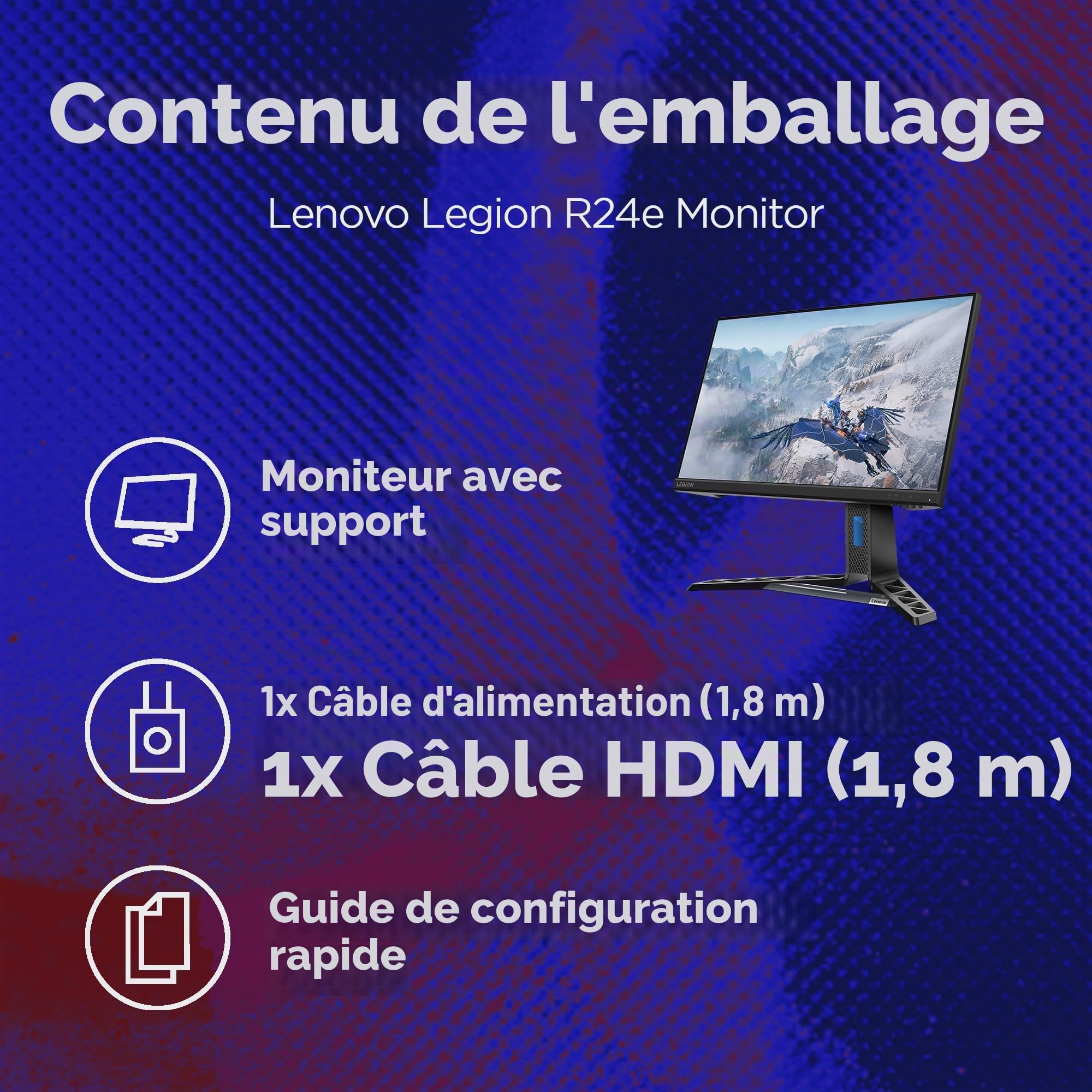 Lenovo Legion R24e Moniteur Gaming 24" FHD (1920 x 1080) IPS 0,5 ms 180 Hz Réglable AMD FreeSync, HDMI 2.1 (Mode Console) et DP Câble HDMI inclus - Raven Black