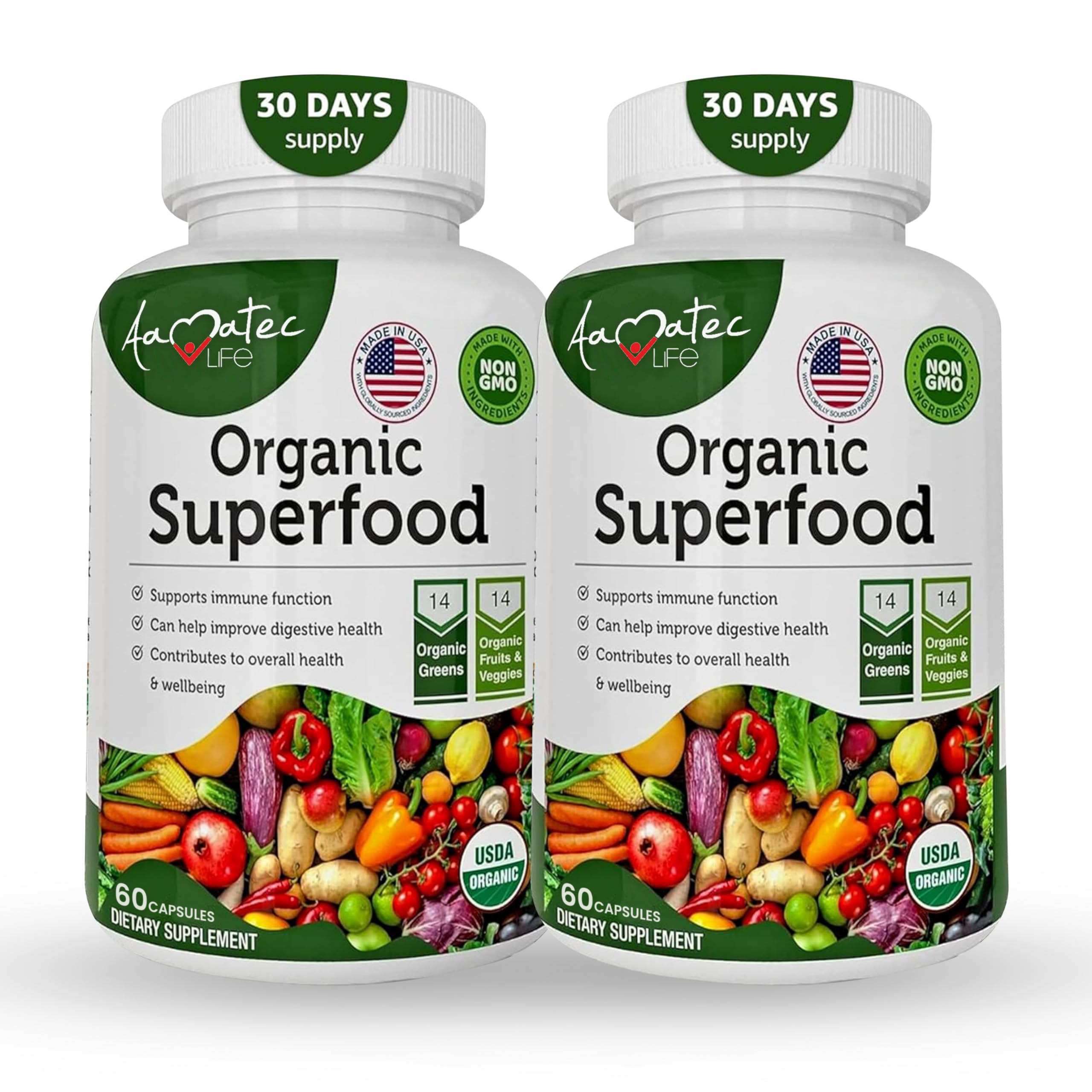 Organic Superfood Greens Fruits and Veggies Complex - Dietary Supplement with 14 Greens &14 Vegetables with Alfalfa Rich in Antioxidants Organic Ingredients Non-GMO (120 Count Pack of 2)USDA Organic