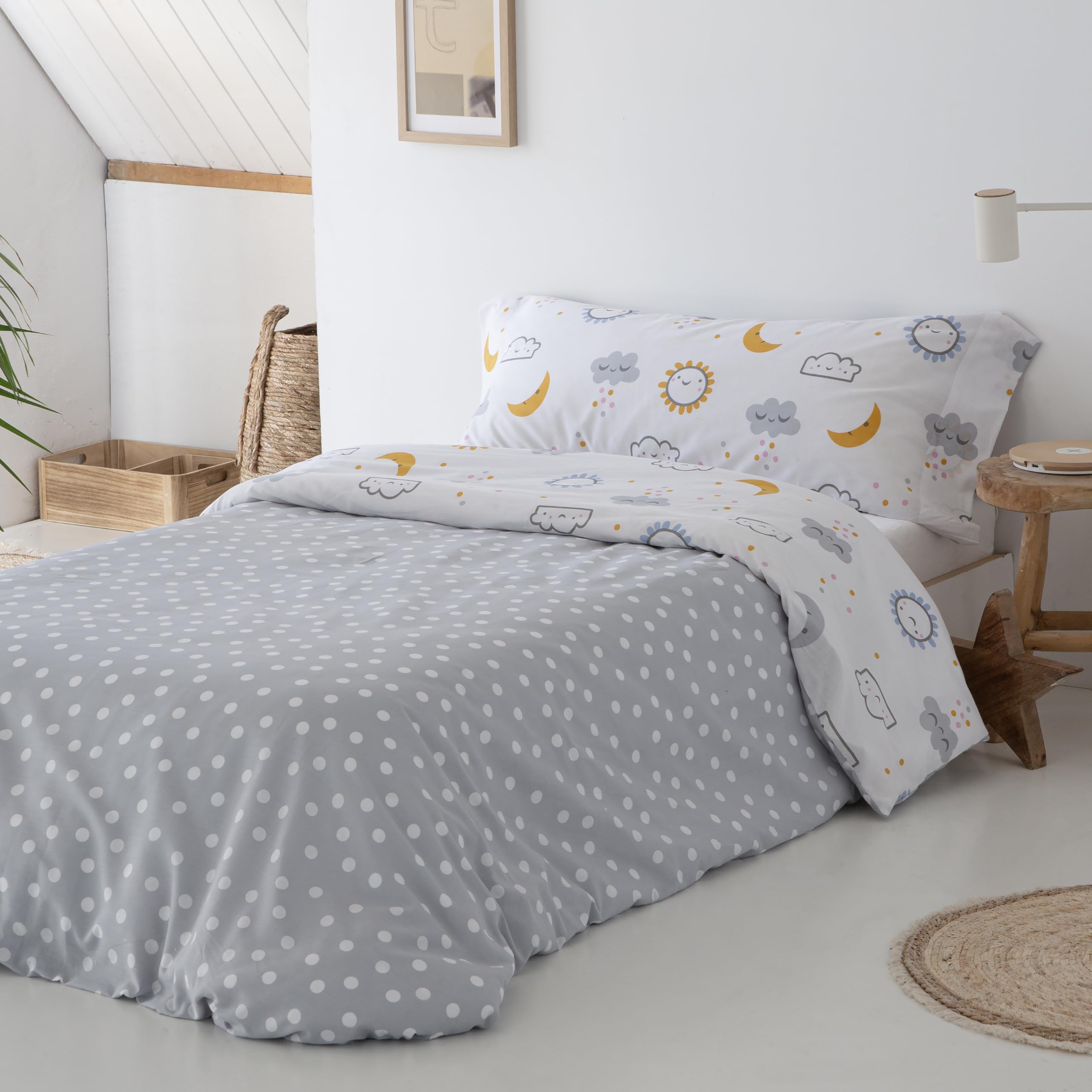COTTON ARTean Funda nordica Infantil/Juvenil 50% ALGODÓN - 50% POLIÉSTER Diver Gris Y Mostaza Reversible Cama de 90 Incluye Funda nórdica 150x220 + 1 Funda de Almohada Cierre con Botones