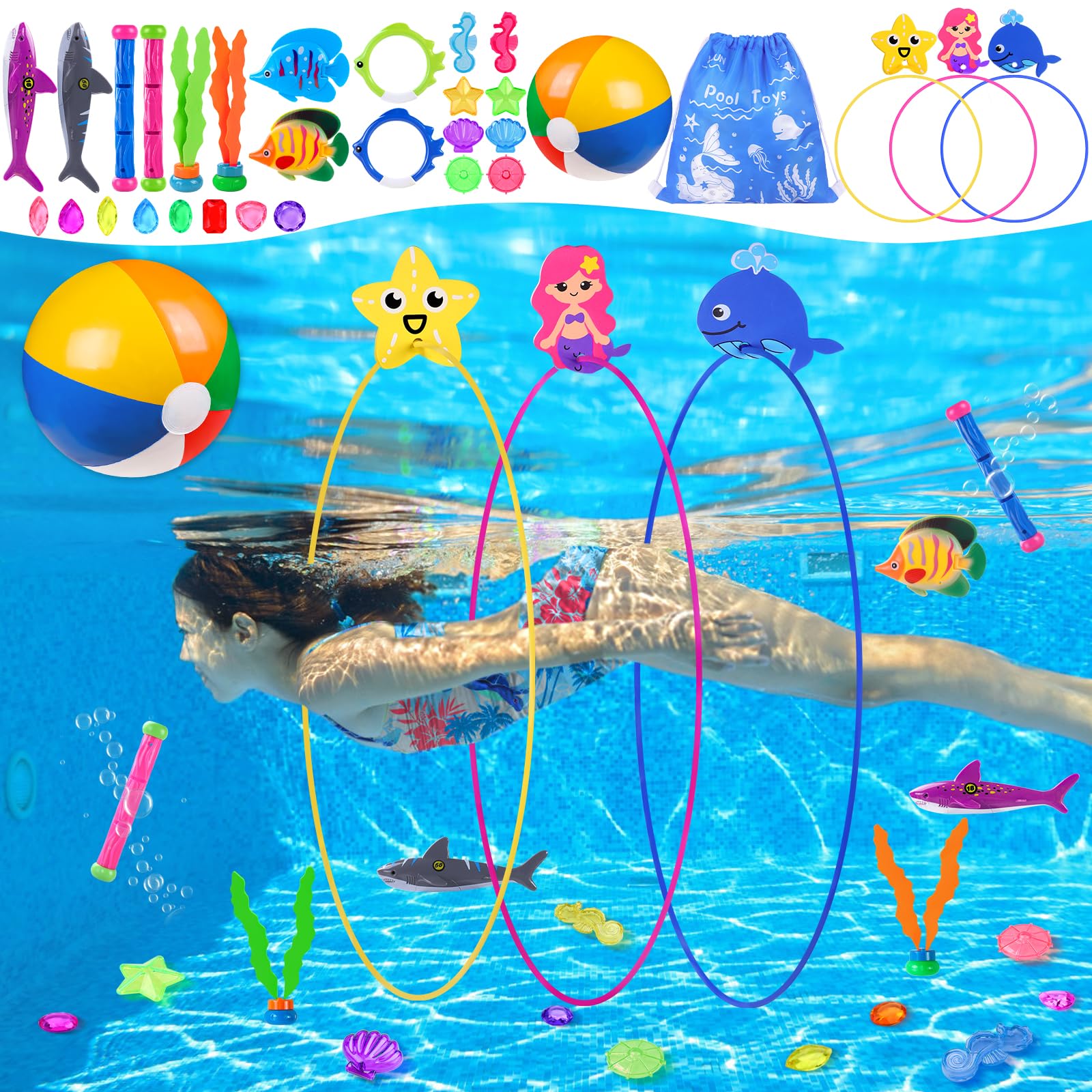 YUJUN 31 PCS Pool Diving Toys Big Rings Swim Thru Rings Pool Game Toys Summer Underwater Game with Pool Fishes Dive Sticks Gems Storage Bag Swim