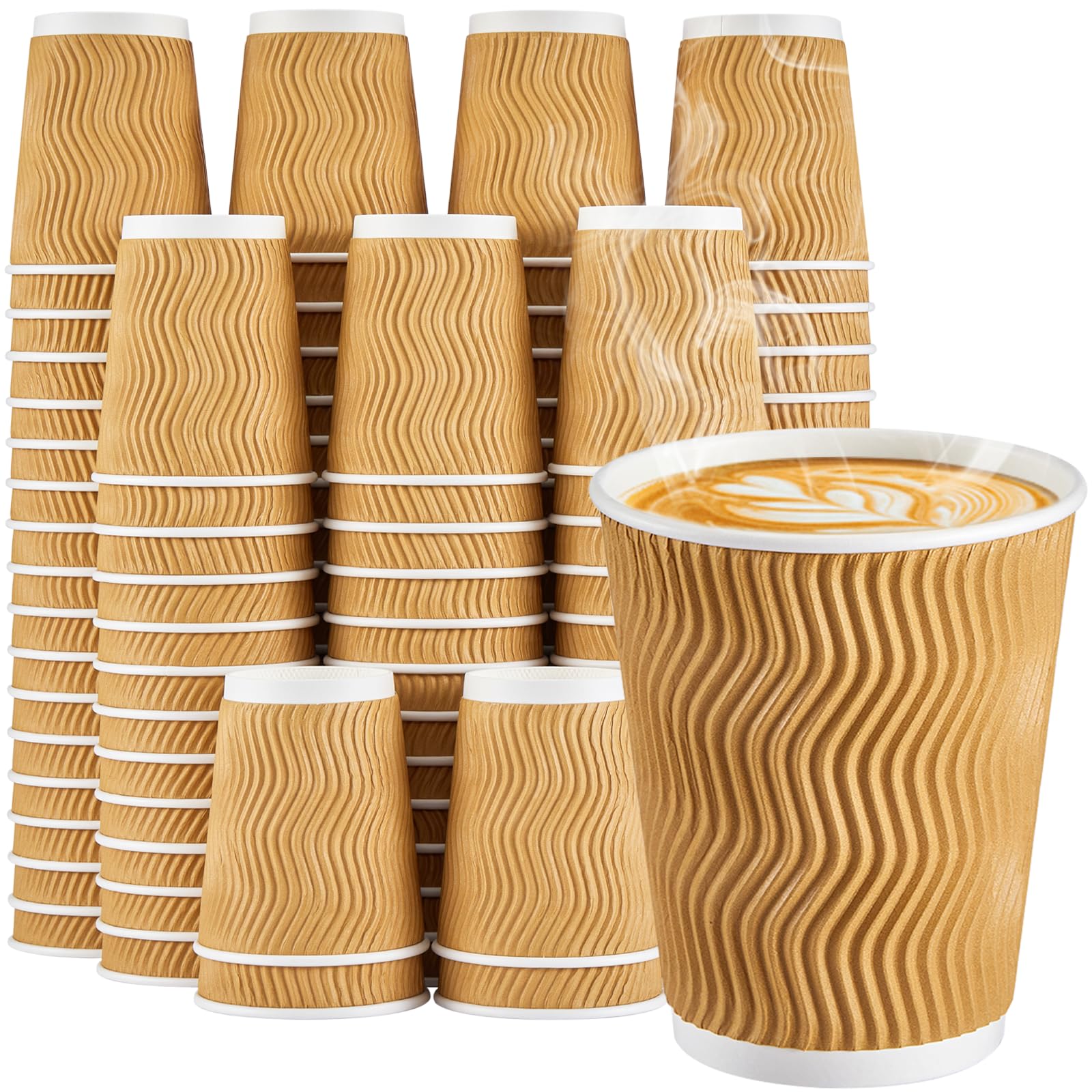 SIUQ 8 oz Coffee Cups - 90Pack, Insulated Disposable Paper Cups 8 oz, Corrugated Ripple Wall Cups for Hot Beverage or Cold Drinks (Champagne)
