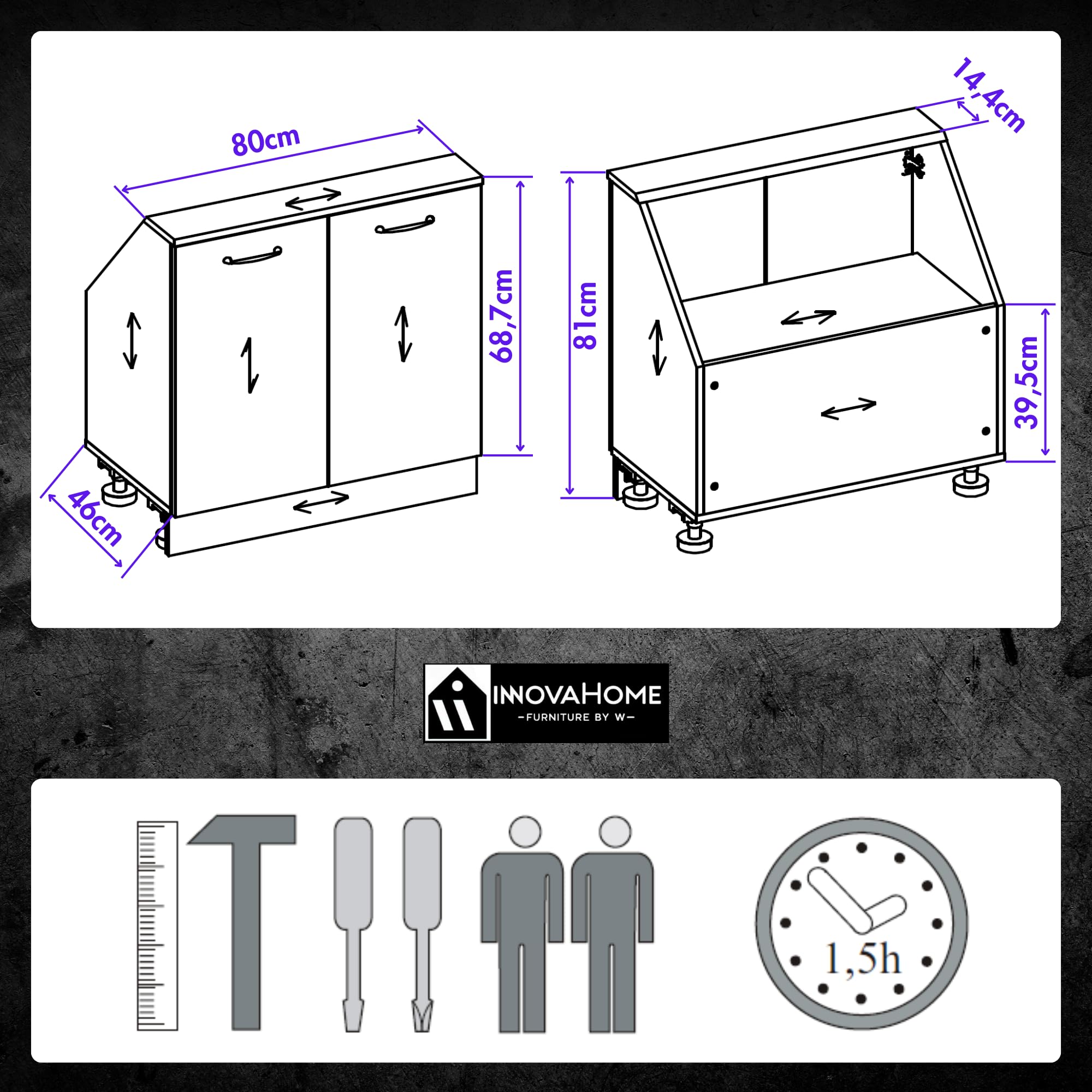 INNOVAHOME Armario Abuhardillado 80cm – Mueble Bajo Tejado con Estructura Maciza de 18mm (Cuerpo y Trasera), Tiradores de Metal y Estante Ajustable – Blanco Glacial