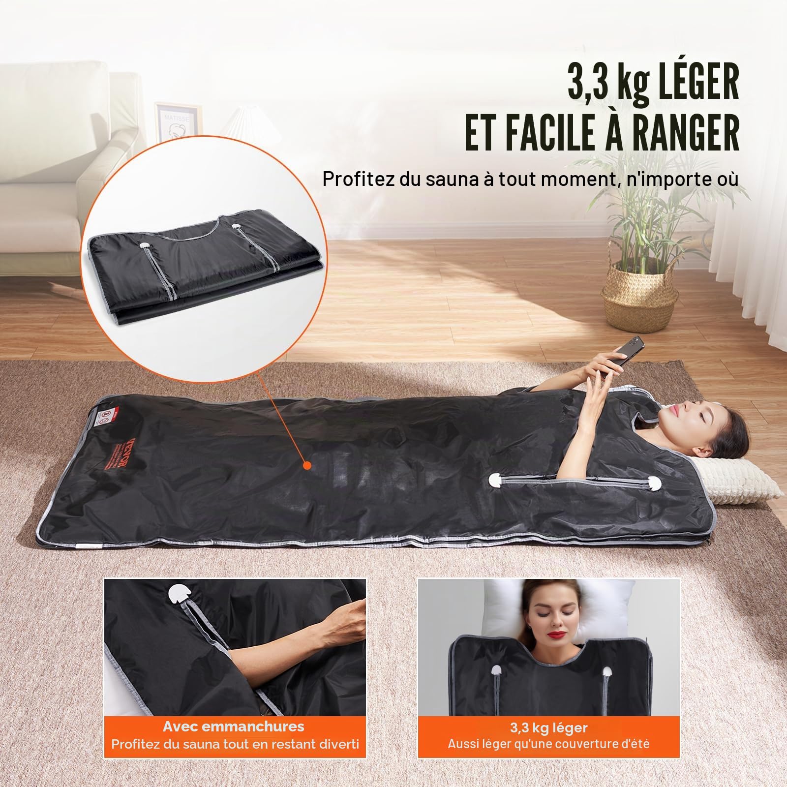 VEVOR Couverture Sauna Infrarouge Lointain Tissu Oxford 180x80 cm Température Réglable 1-6 Niveaux 45°C-80°C Minuterie 1-60 Min avec Trous de Bras