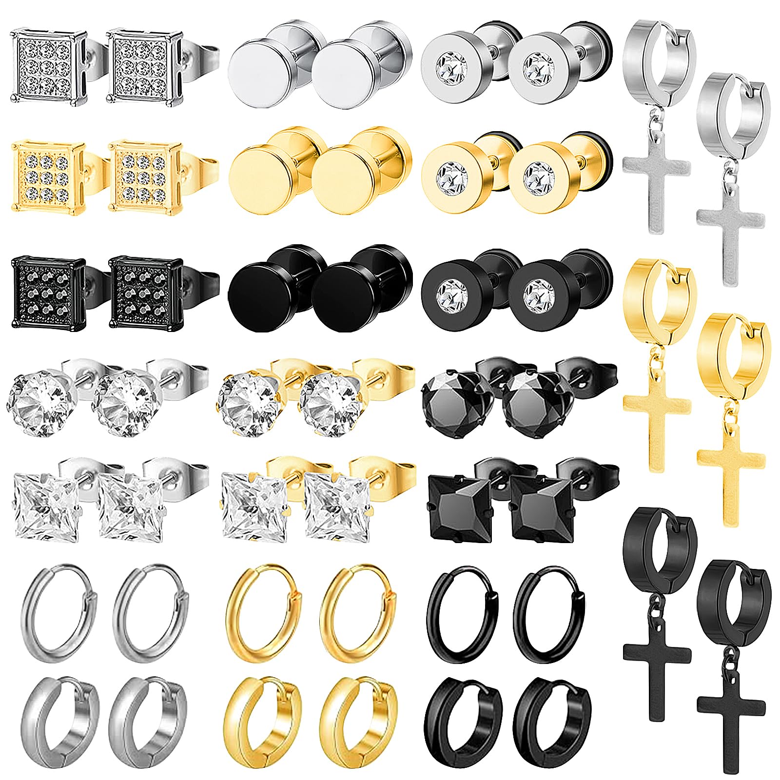 NEWITIN 24 Pairs Stainless Steel Earrings for Men Hypoallergenic Inlaid Cubic Zirconia Studs Hoop Earring Cross Dangle Earrings Unisex Punk Stud Earring for Women Men