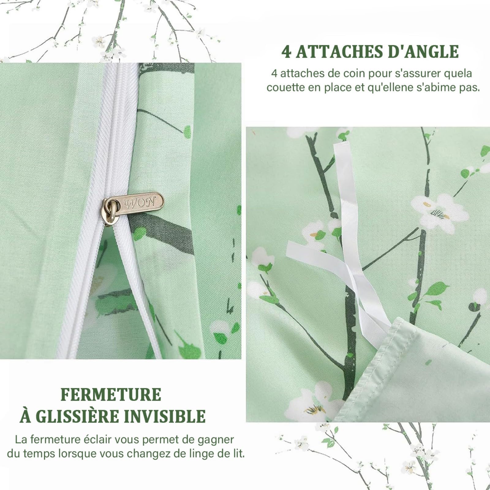 Freyamy Housse de Couette Floral 220x240+2 Taie d'oreiller 65x65cm Vert Clair Fleurie Imprimé Parure de lit 2 Personnes Adulte Fleurs Sets de Housse Couette en 100% Microfibre avec Fermeture Éclair