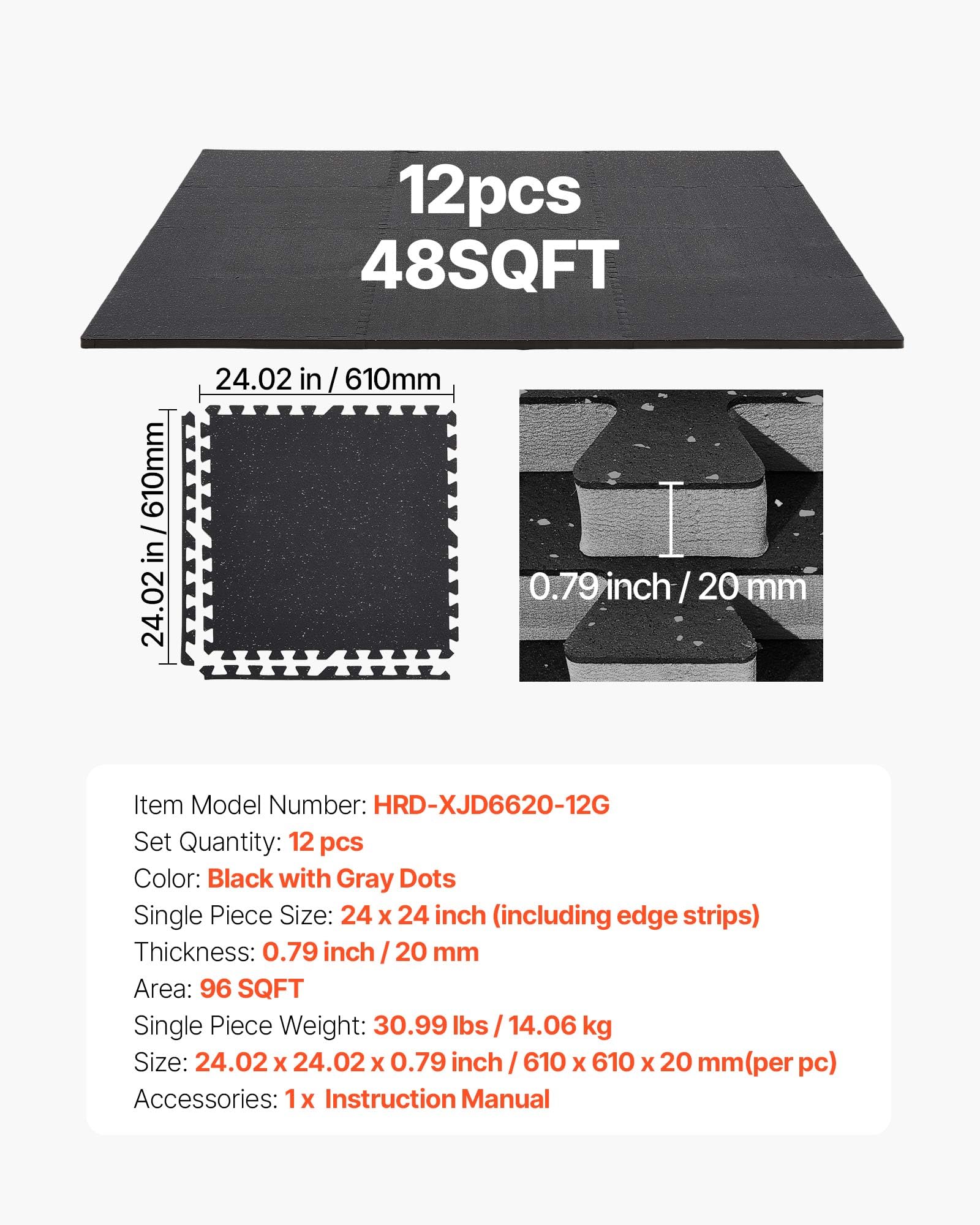 VEVOR Esterilla Puzzle 12 Piezas de 610 x 610 x 20 mm, Suelo Gimnasio de Goma EVA, Colchoneta de Ejercicios Alta Densidad con Puntos Grises Antideslizante Antiruido Antigolpe para Casa, Equipo Pesado
