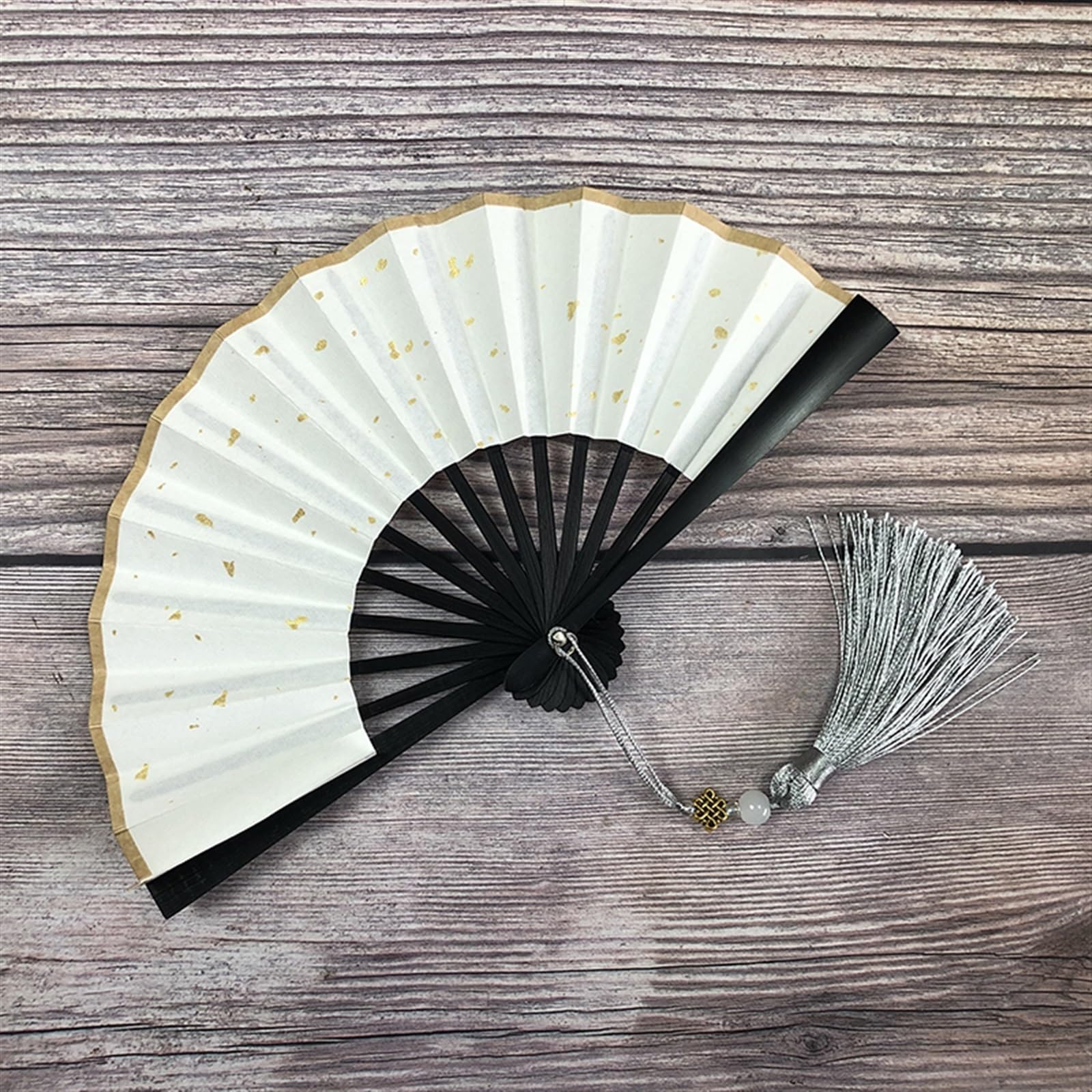YAOHY 4-6 Inch Mini Folding Fan. Portable Children's Gilded Rice Paper Silk Fans Retro Tassel Portable Hand Fan Foldable(White Sprinkled Gold-black,M)