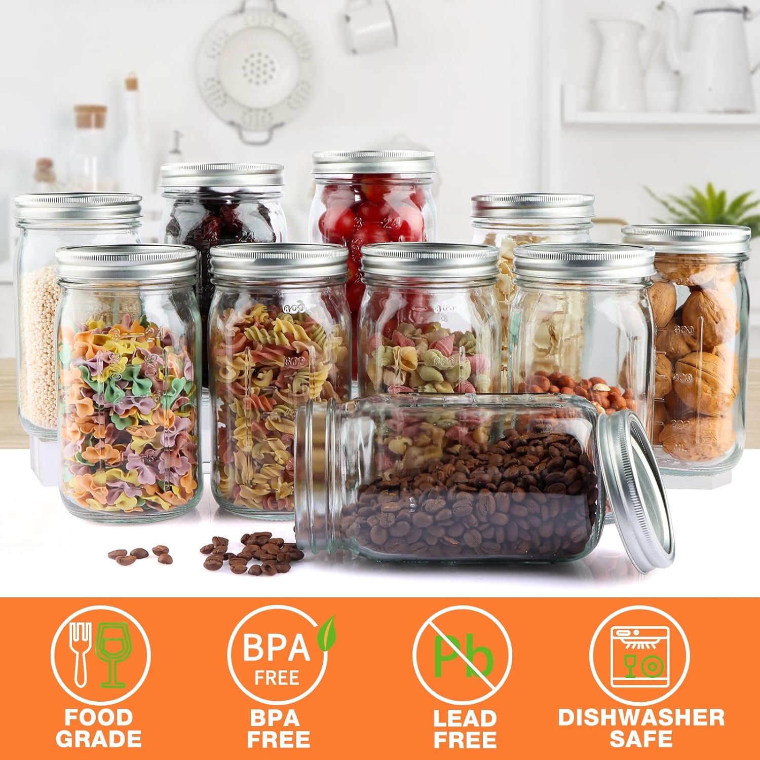 Wide Mouth Mason Jars 32 oz, 12 Pack Clear Glass Mason Jars with Airtight Lids and Bands, Quart Canning Jars for Preserving, Canning, Meal Prep, Pickling - Image 3