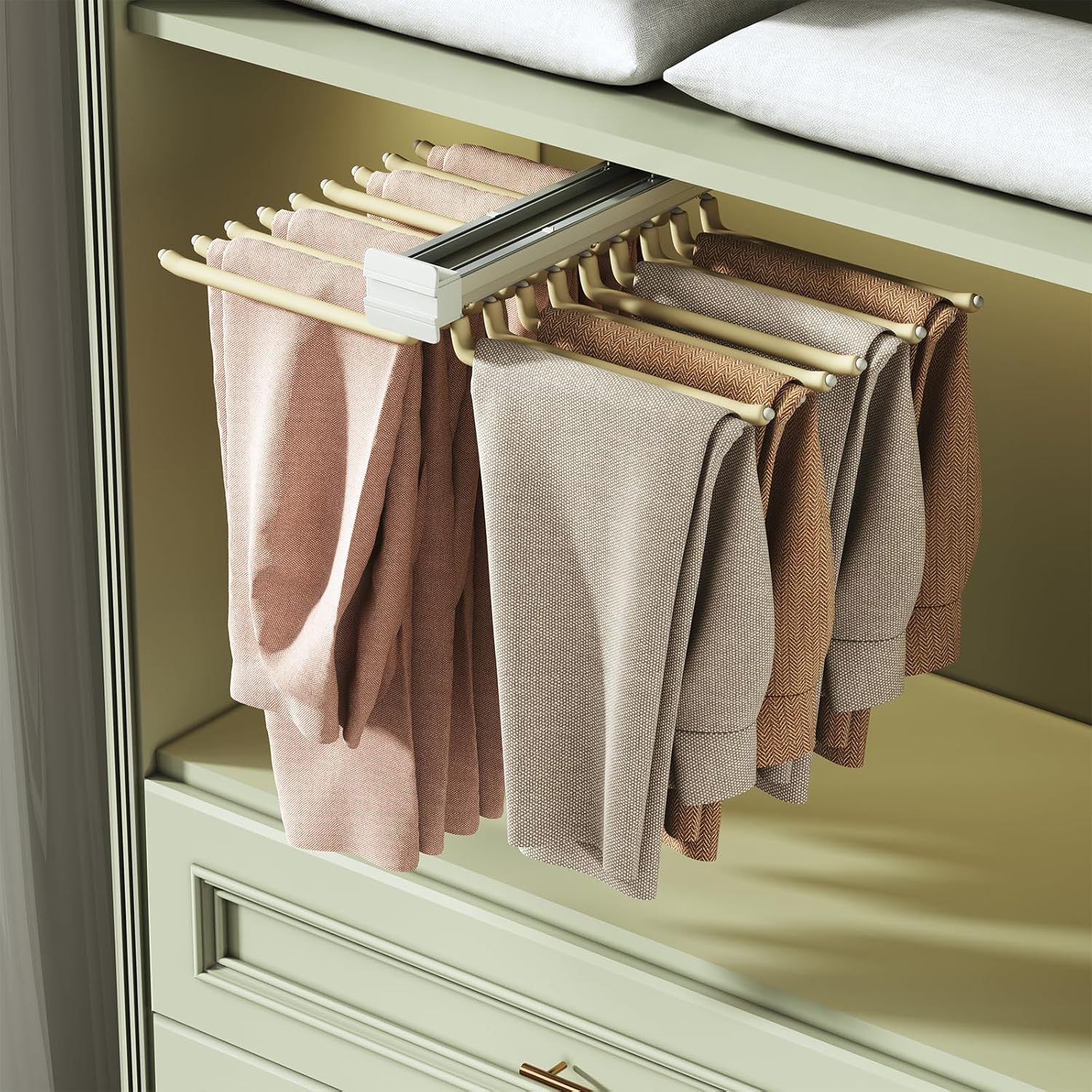 tonchean pull out pants rack 18 arms steel pull out trousers rack for closet hanger bar clothes organizers for space saving and storage 17.9(l) x 23.5(w) x 5.7(h) inch, white white 18 arms