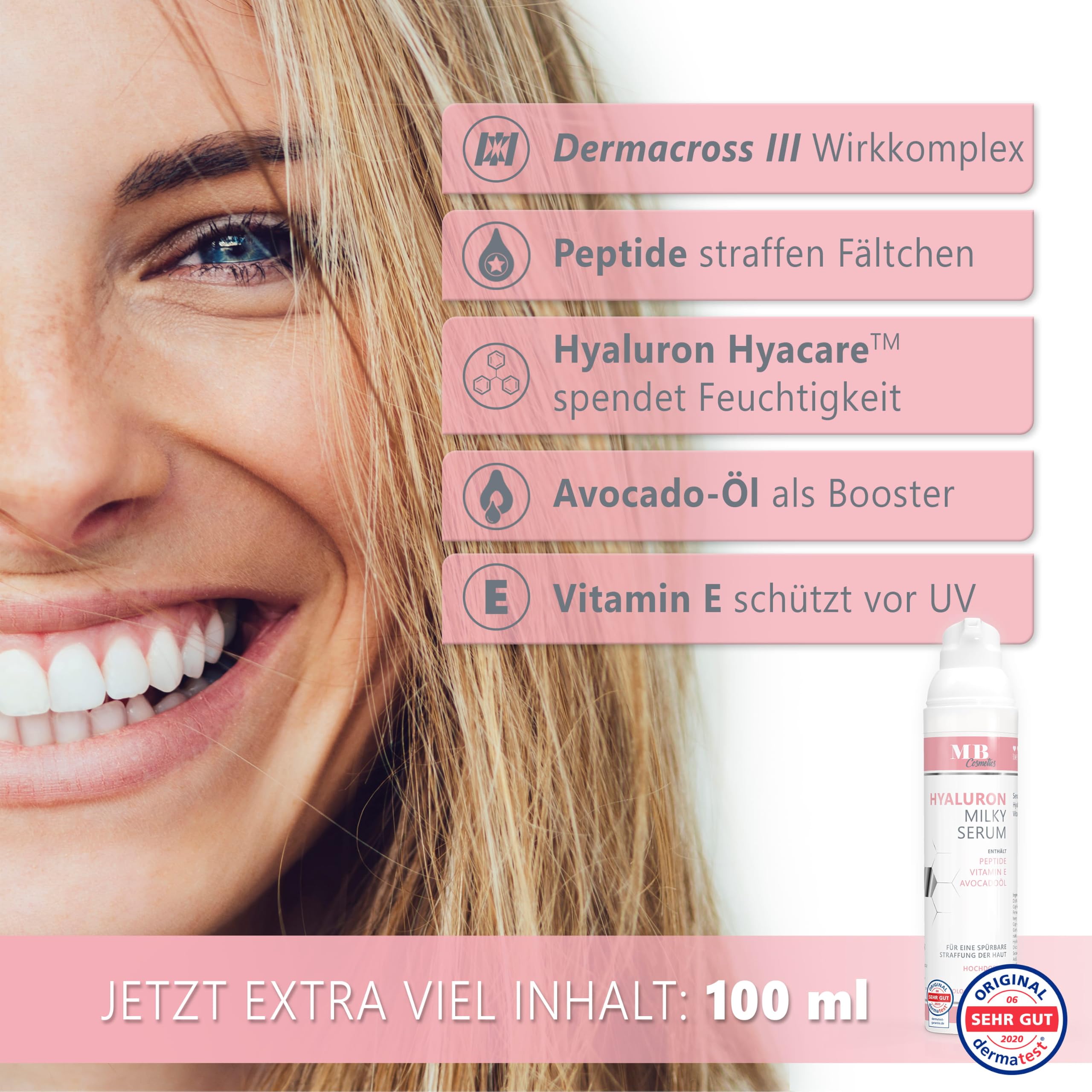 Hyaluron Serum hochdosiert 100ml - mit Anti Aging Booster Avocado-Ol, Peptiden und Vitamin E - vegane Anti-Falten Gesichtscreme für Augen, Hals und Dekollete mit quervernetzter Hyaluronsäure