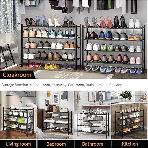 Miniatura 5 de Zapatero largo, organizador de almacenamiento apilable de bambú de 4 niveles, soporte de zapatos para armario, entrada y pasillo (negro)