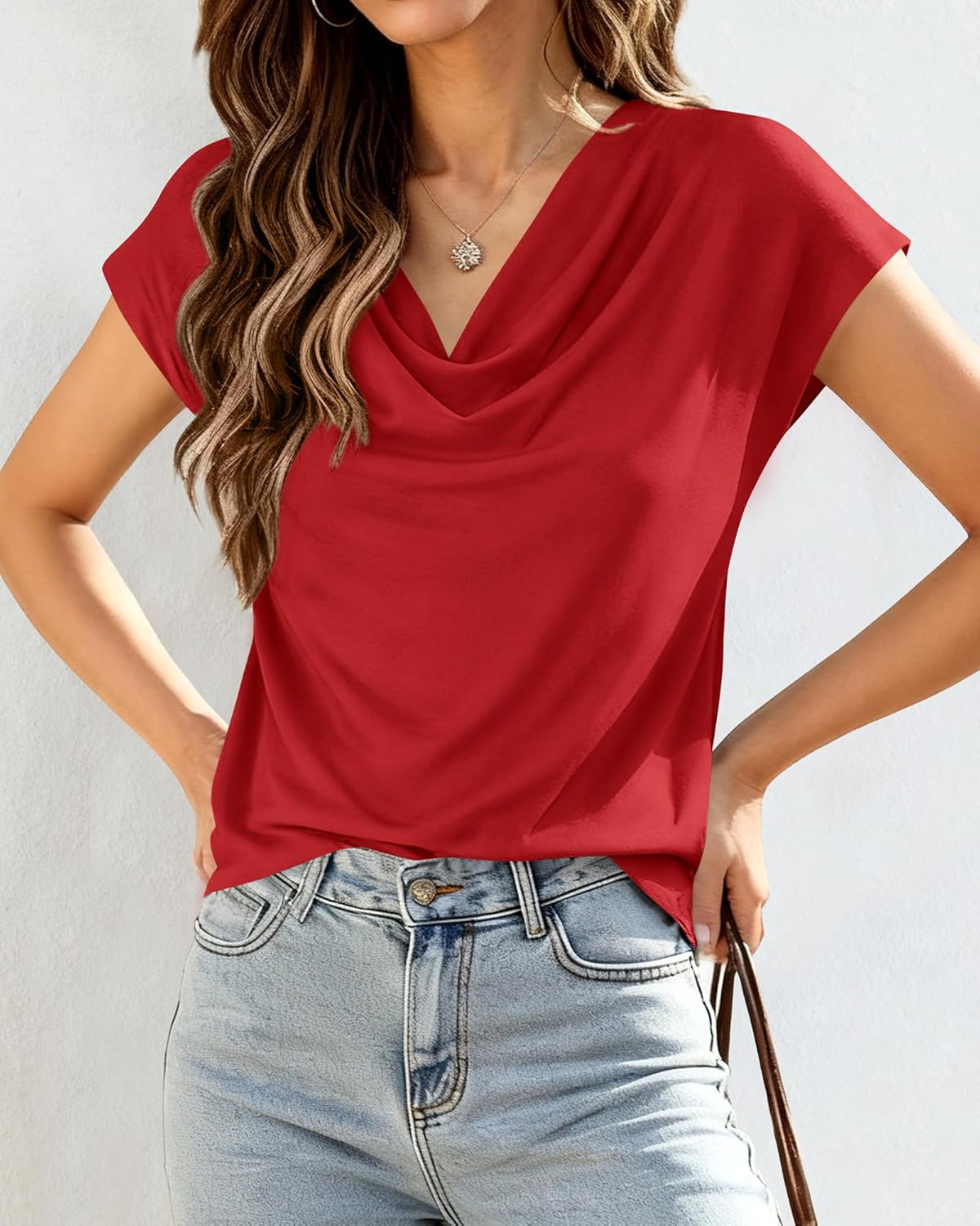 BTFBM Cowl Neck Tops for Women 2026 Spring Womens Tops Dressy Casual Business Blouses Short Sleeve Shirts Summer Outfits - Image 3